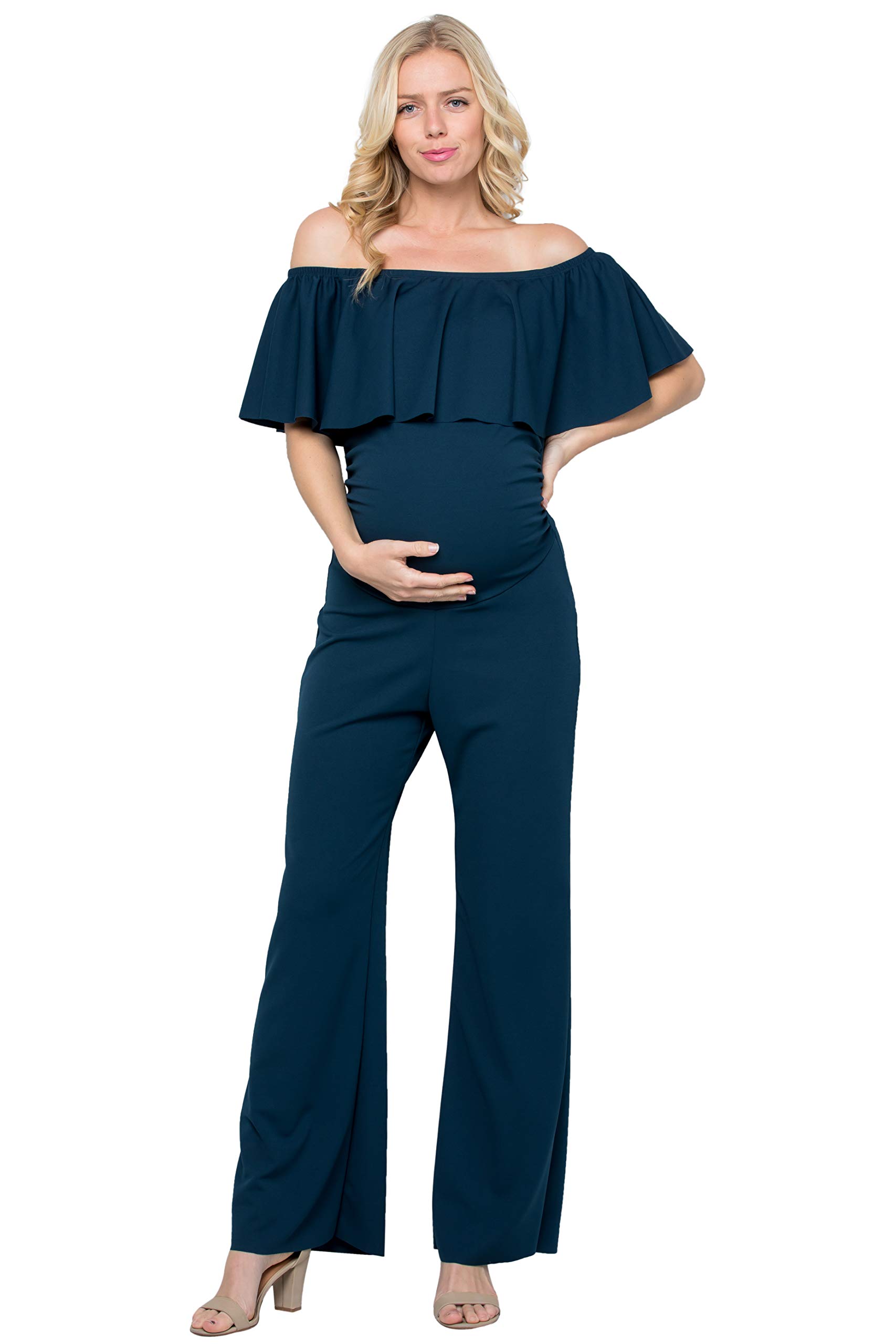 My Bump Maternity Ruffle Off Shoulder Jumpsuit - Made in USA | Comfortable Pregnancy Outfit for Baby Shower, Maternity Photos & Special Occasions