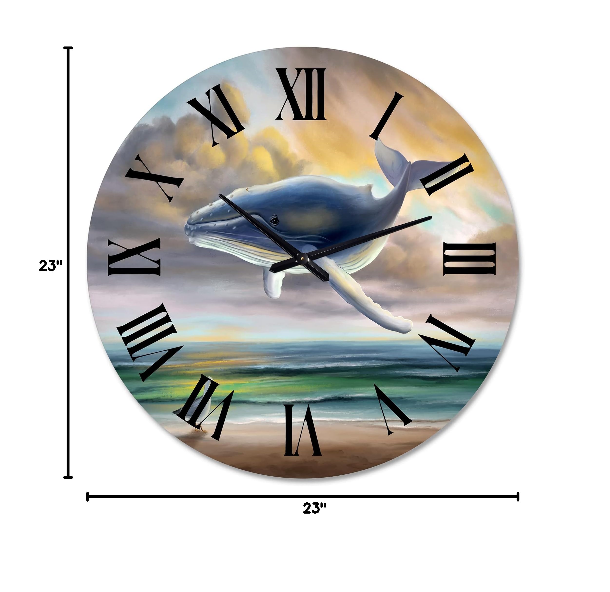DesignQ Kids' Whale in The Sky Wall Clock - Large Landscape & Nature Themed Wall Decor for Children's Room, Playroom & Nursery | Perfect for Home, Classroom & Office Decor