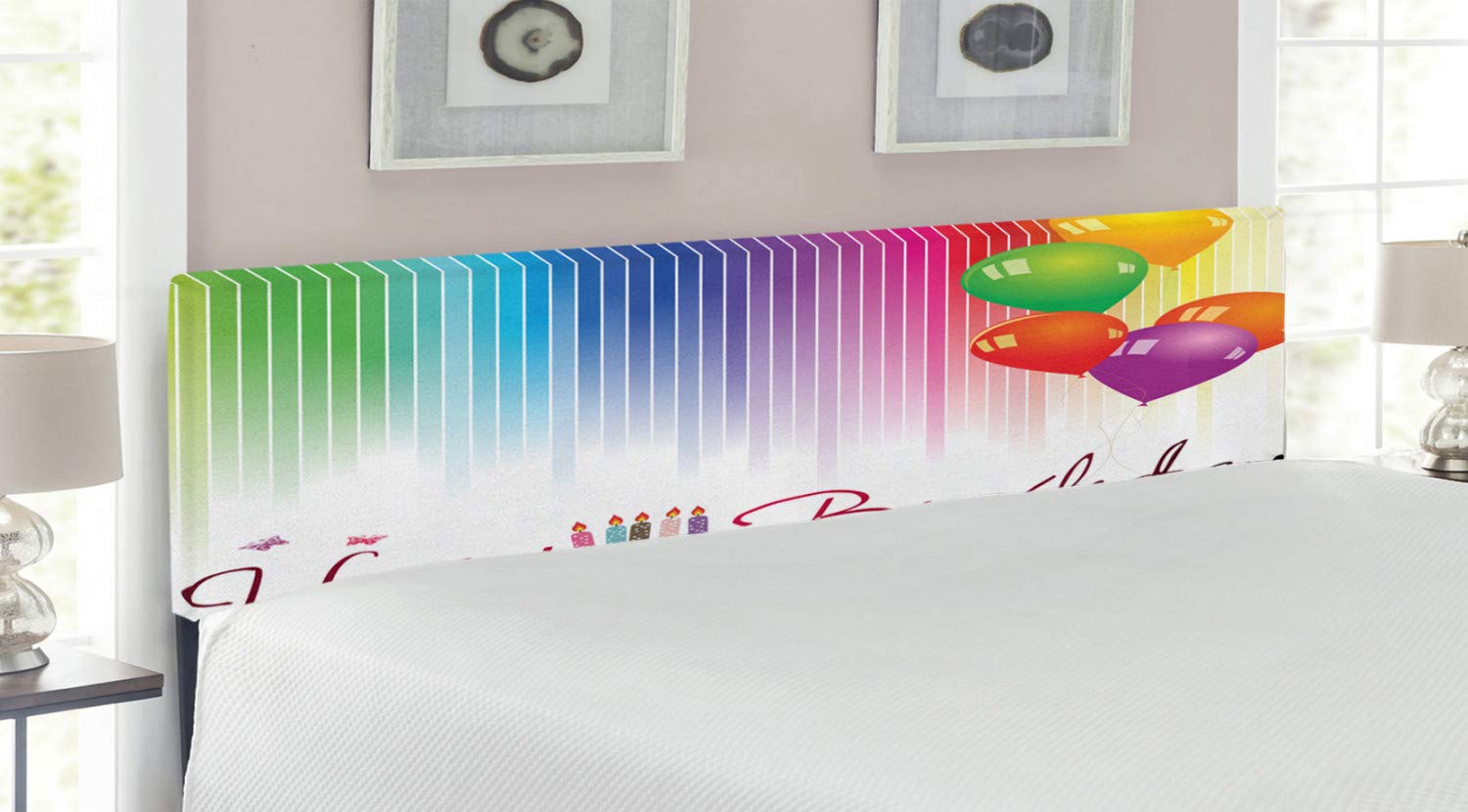 Ambesonne King Size Upholstered Decorative Metal Headboard with Memory Foam - Rainbow Striped Birthday Design with Balloons, Lettering & Candles Artwork - Perfect for Bedroom Decor & Party Backdrop