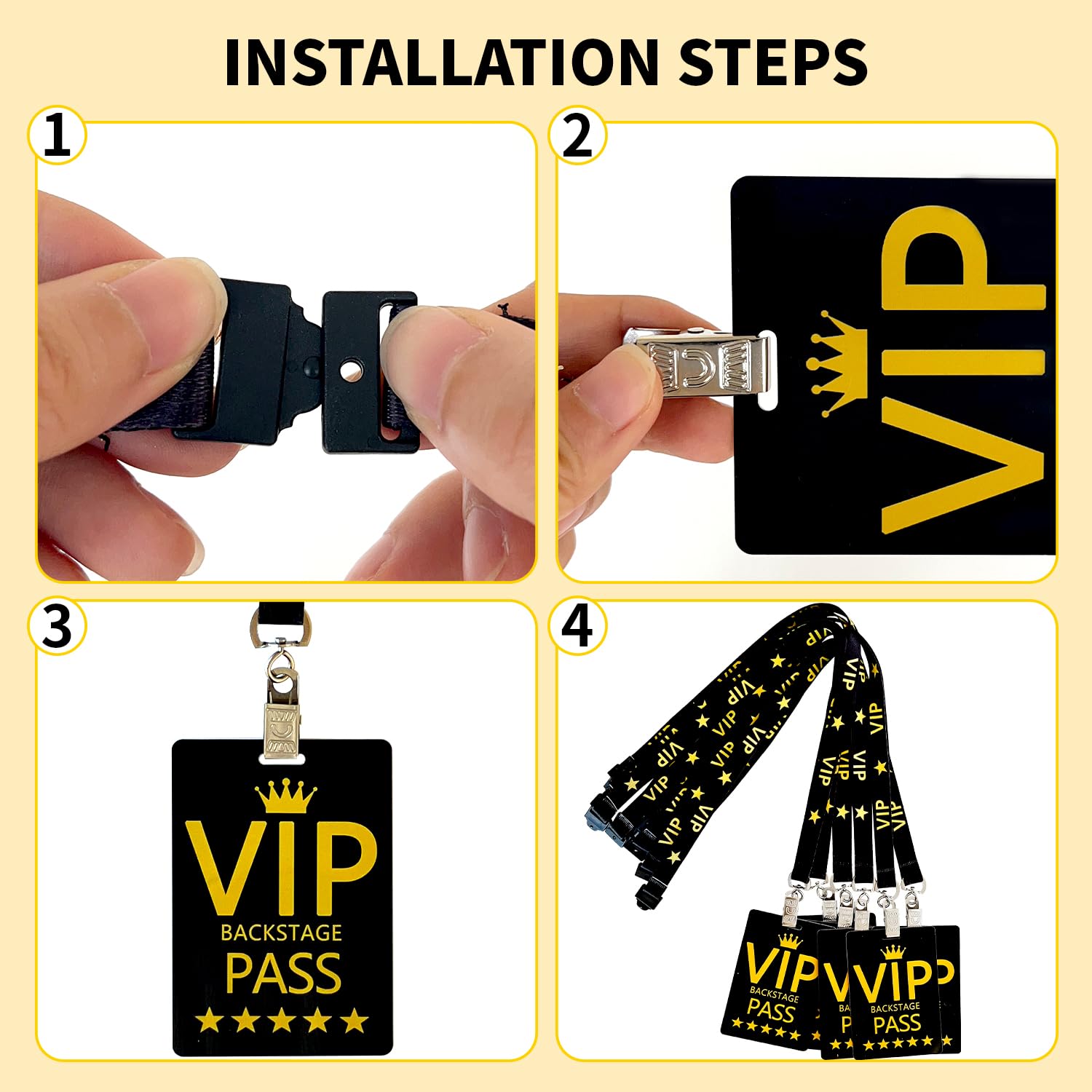 VIP Badge Lanyards with PVC Pass Cards - 30 Sets Black Breakaway Lanyards for Events & Parties