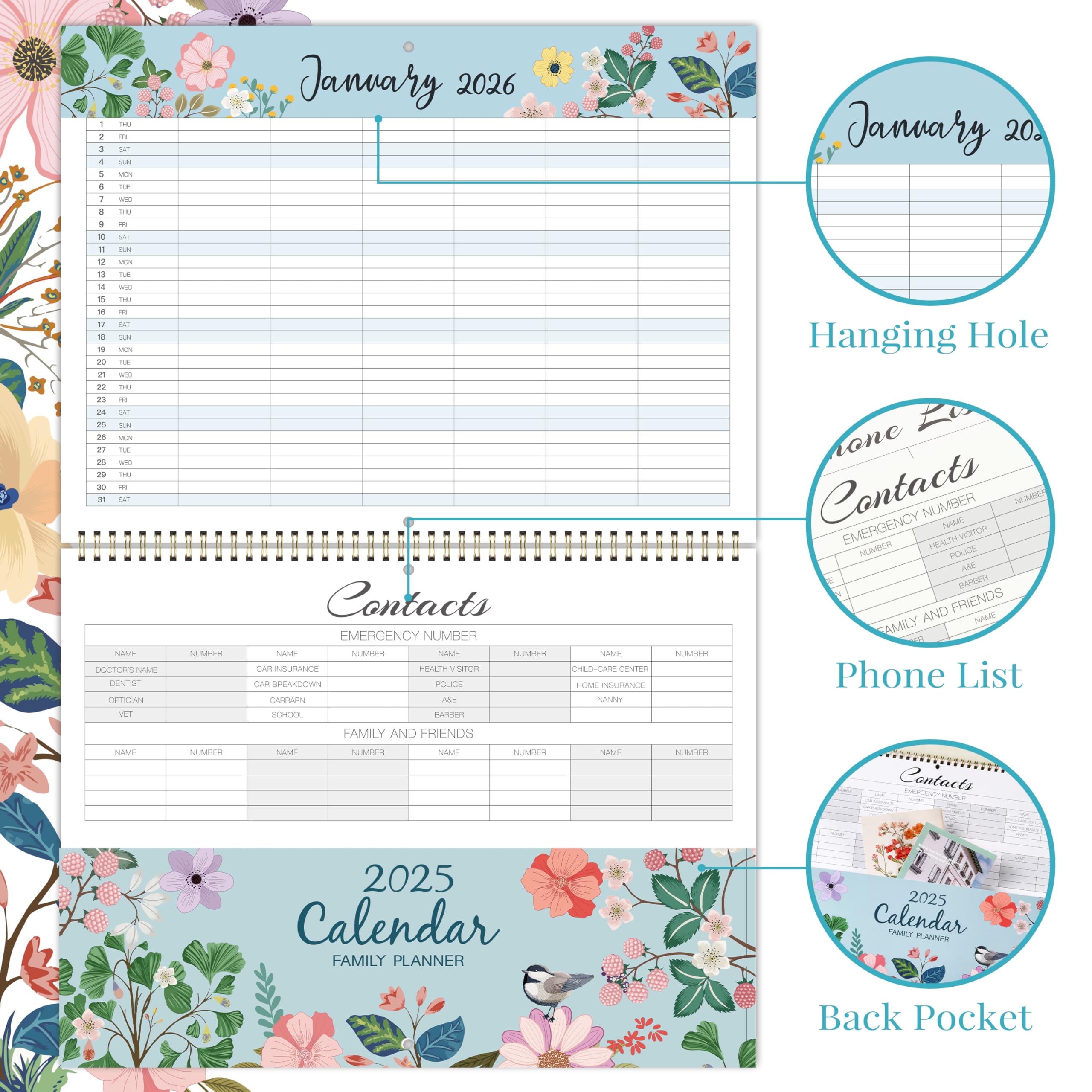 2025 Family Wall Calendar - 12 Months from January to December 2025 | 6-Column Organizer with Notes Section & Back Pocket | 39 x 29 cm Thick Paper Planner | Perfect for Home, Office & School Planning