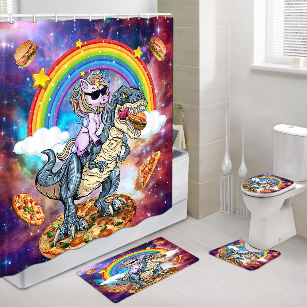 Adorable Kids Shower Curtain Set with Non-Slip Bath Mat - Fun Unicorn Riding Dinosaur Design for Children's Bathroom Decor | Perfect for Kids' Bathrooms, Nursery, and Playful Bath Time Adventures