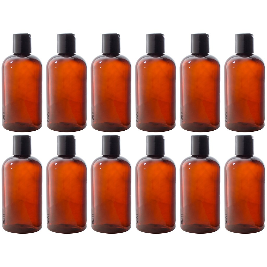JUVITUS 8 oz Amber Boston Round PET Plastic Bottles (BPA Free) - 12 Pack with Black Disc Cap | Essential Oil, DIY Beauty & Herbal Storage Bottles for Home, Lab & Crafting