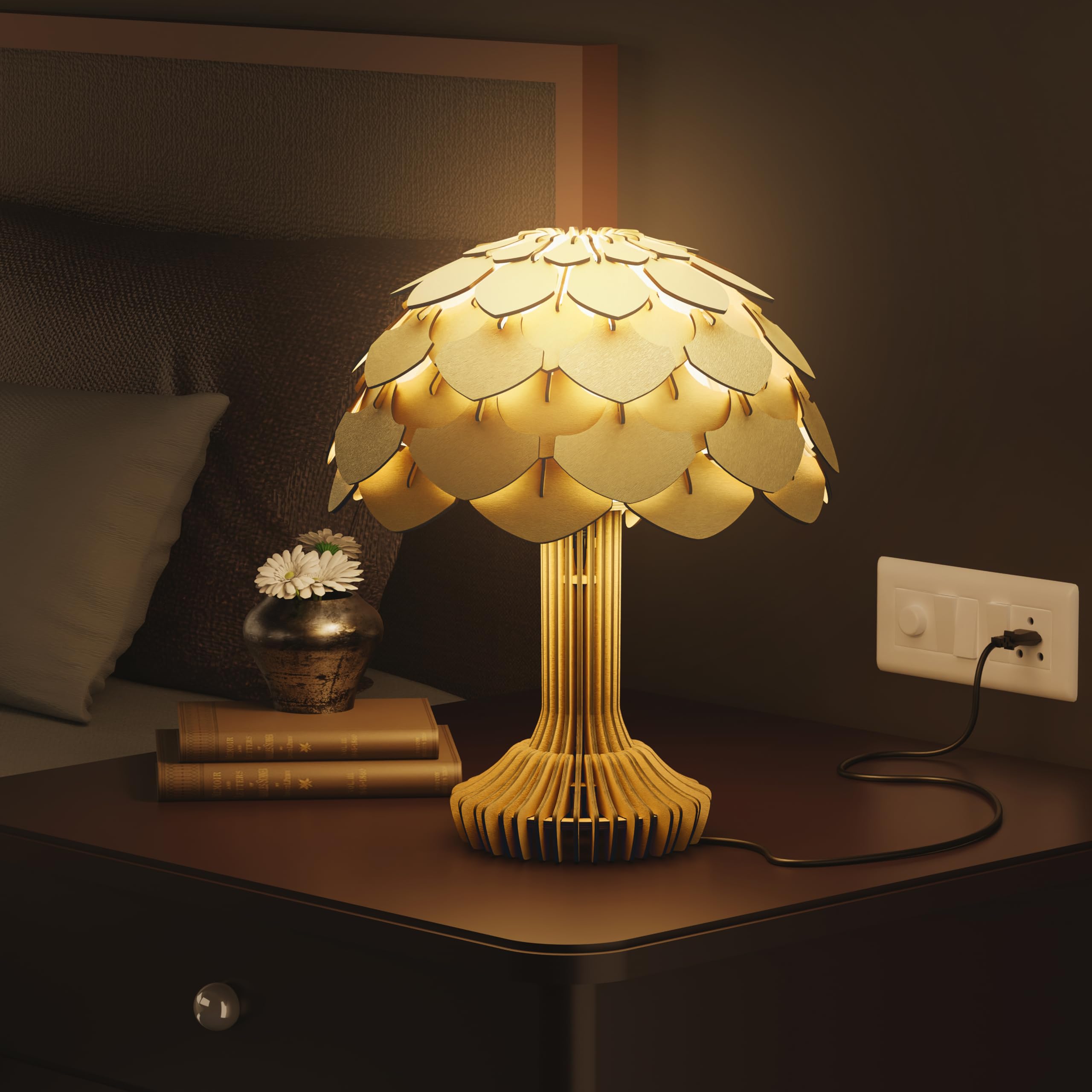 EIGEN Wooden Table Lamp for Bedroom & Study - Natural Wood Night Light with Warm White LED, Modern Home Decor Lighting for Bedside, Living Room, Office - Perfect for Reading & Relaxation (Albero Design)