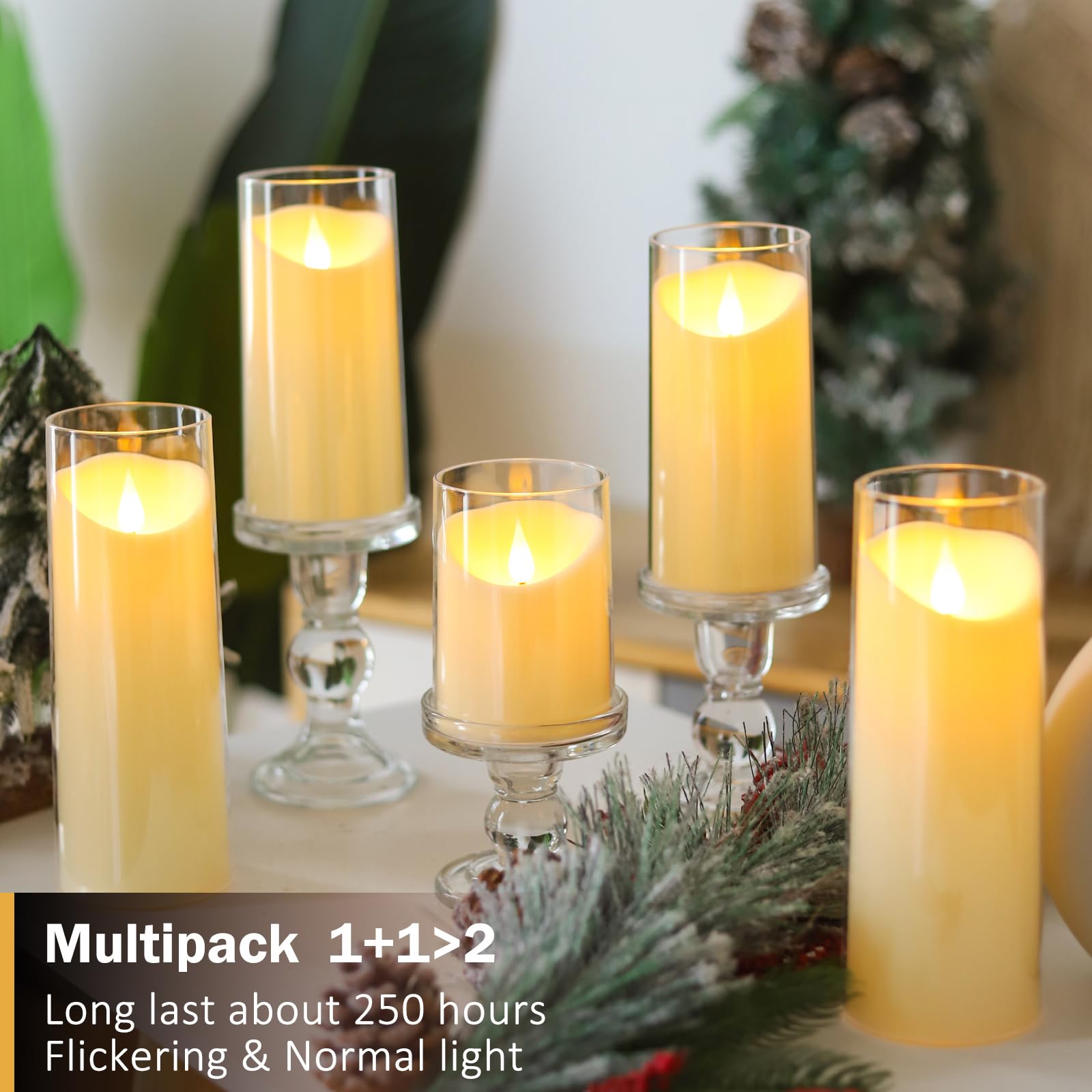 Battery Operated LED Flameless Pillar Candles Set of 5 with Remote & Timer - Ivory Plexiglass Flickering Candles (3