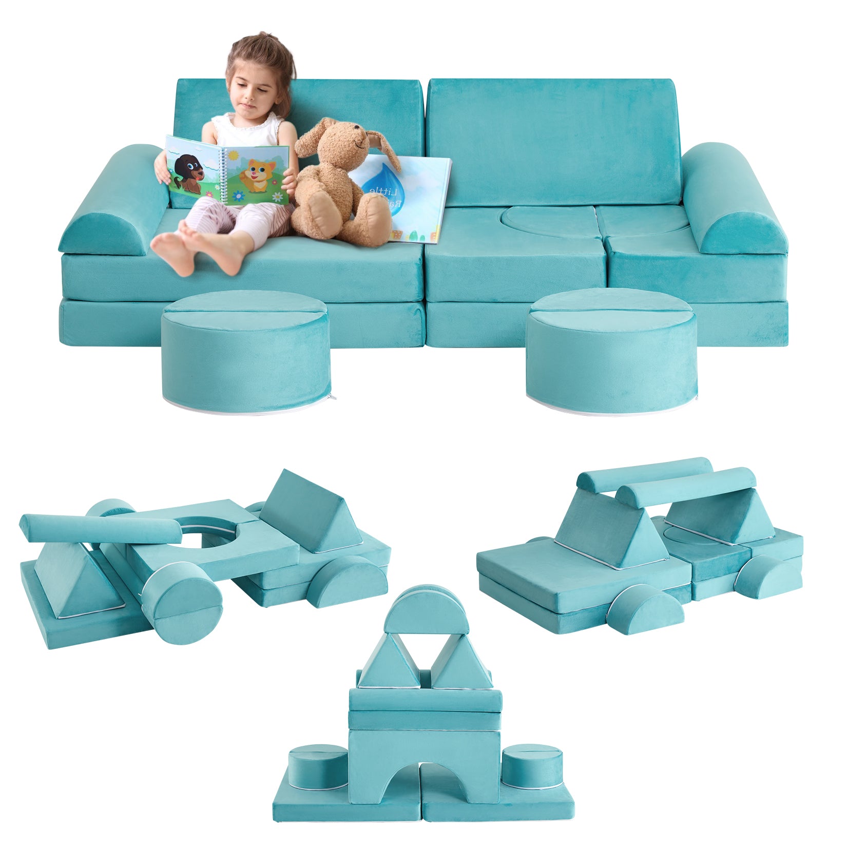 GARVEE 15Pcs Modular Kids Play Couch - Convertible Foam Sofa for Toddlers & Children | Creative Playroom Furniture for Boys & Girls in Teal | Perfect for Indoor Play, Reading Nook & Imaginative Playtime