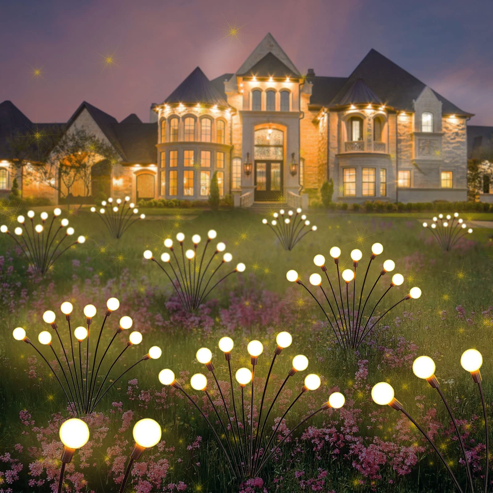 Solar Firefly Fairy Lights - 10 LED Starburst Swaying Outdoor Stake Lights (4 Pack) - Waterproof Decorative Lighting for Garden, Landscape, Path, Yard & Patio - Warm White - Perfect for Outdoor Weddings, Parties & Holiday Decorations