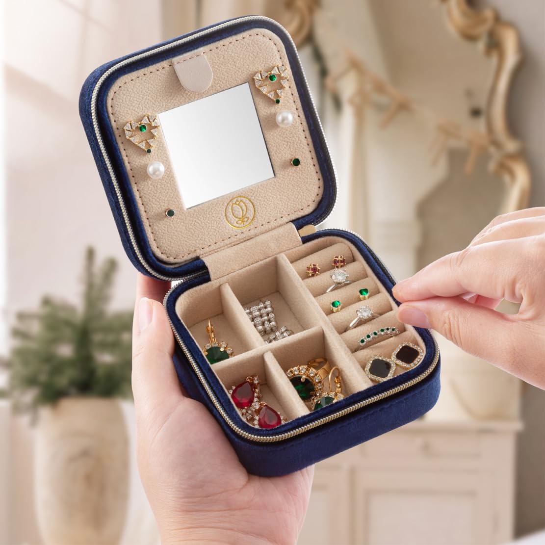 Plush Velvet Travel Jewelry Organizer Box with Mirror - Portable Jewelry Storage Case for Necklaces, Rings & Earrings - Perfect Gift for Women & Girls (Navy Blue) | Great for Travel, Home Storage & Daily Use