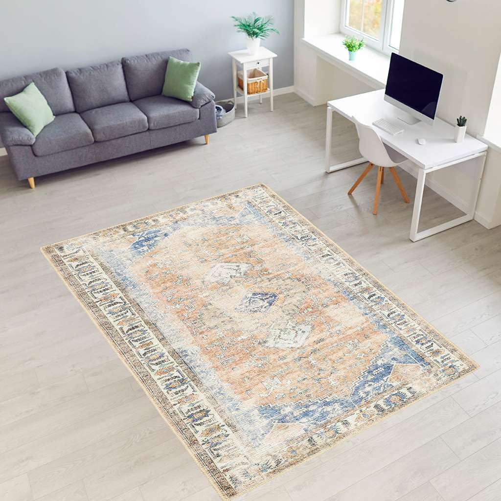 Softwoven 5x8 Washable Cotton Rug - Non-Slip, Stain Resistant & Pet Friendly Vintage Area Rug for Living Room, Hallway, Bedroom - Machine Washable, Non-Shed & Family Safe in Blue & Light Brown