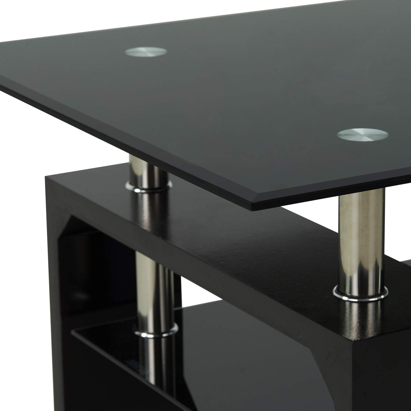 Upgraded Modern Black Glass Top Coffee Table with Storage Shelf - 43 Inch Rectangle Living Room Center Table with Wooden Legs - Perfect for Lounge, Sofa Side Table, and Home Decor