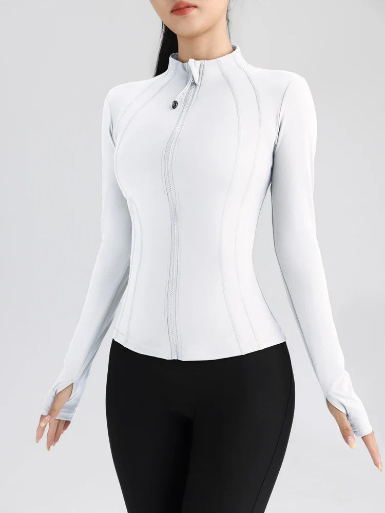 Women's Full Zip Yoga Jacket with Thumbholes - Stretch Fit Long Sleeve Workout Top for Gym, Running & Fitness - Breathable Round Neck Sportswear for Yoga, Pilates & Outdoor Activities