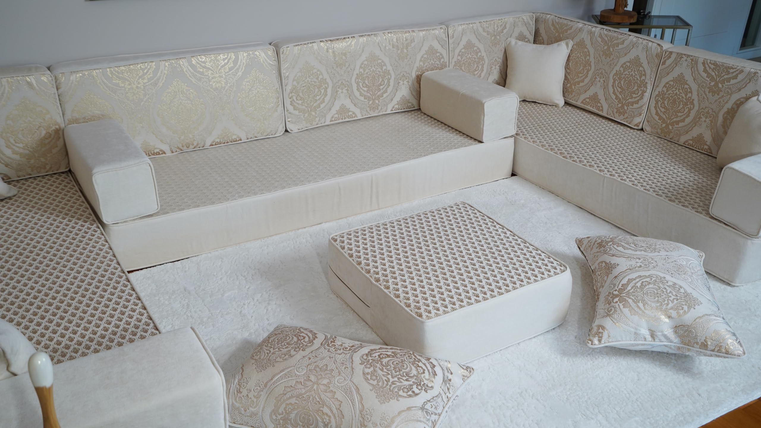 Arabic Diwan Sofa Set with Ottoman & Pillows - 8'' Thick Moroccan Style U-Shaped Sectional Sofa | Royal White Turkish Hookah Bench Cushions for Outdoor Lounge & Living Room Decor