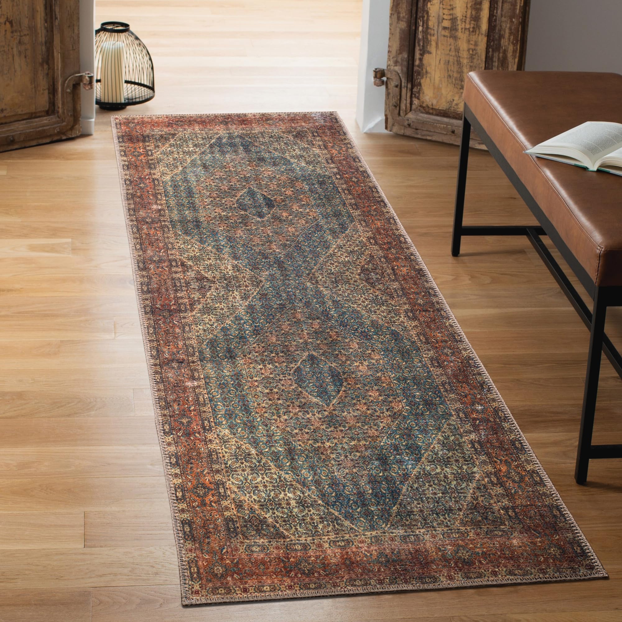 Keen Home Design 2x12 Washable Runner Rug - Non-Slip Vintage Low Pile Rug for Hallway, Entryway, Kitchen & Laundry Room - Durable Easy Clean Carpet (2'6
