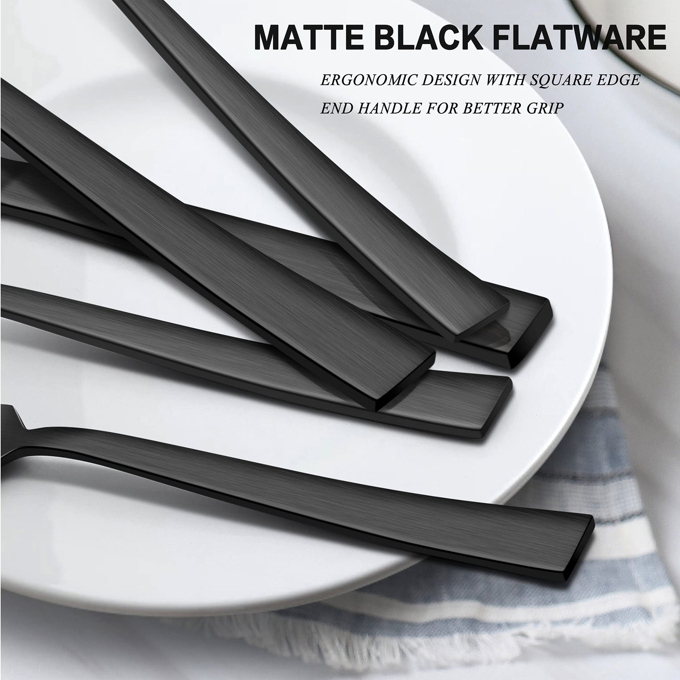 45-Piece Matte Black Silverware Set with Serving Utensils - Stainless Steel Flatware Cutlery Set for 8 - Square Tableware for Wedding, Home & Restaurant - Satin Finish & Dishwasher Safe - Perfect for Dinner Parties, Holidays & Everyday Dining