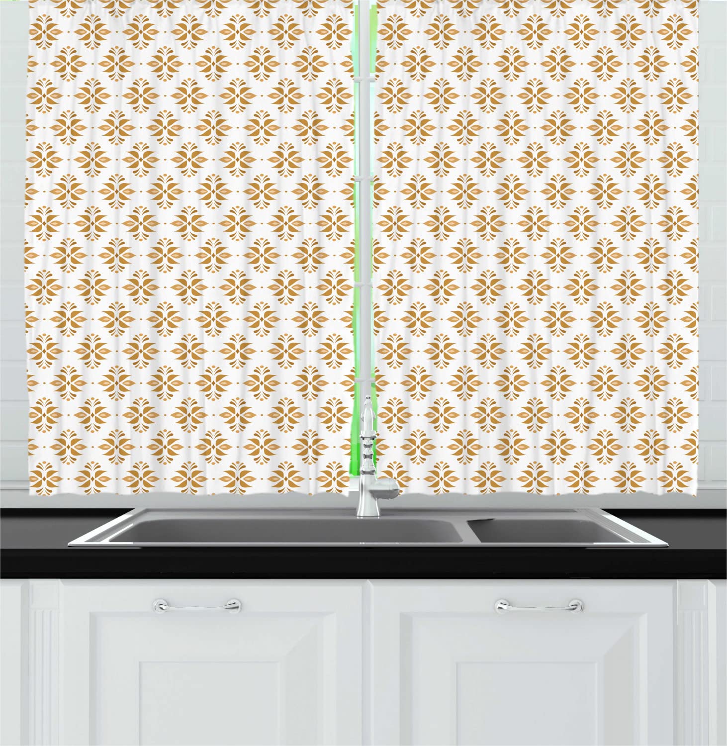 Ambesonne Floral Long Kitchen Curtains - Damask Style Floral Pattern with Rod Pocket, 55