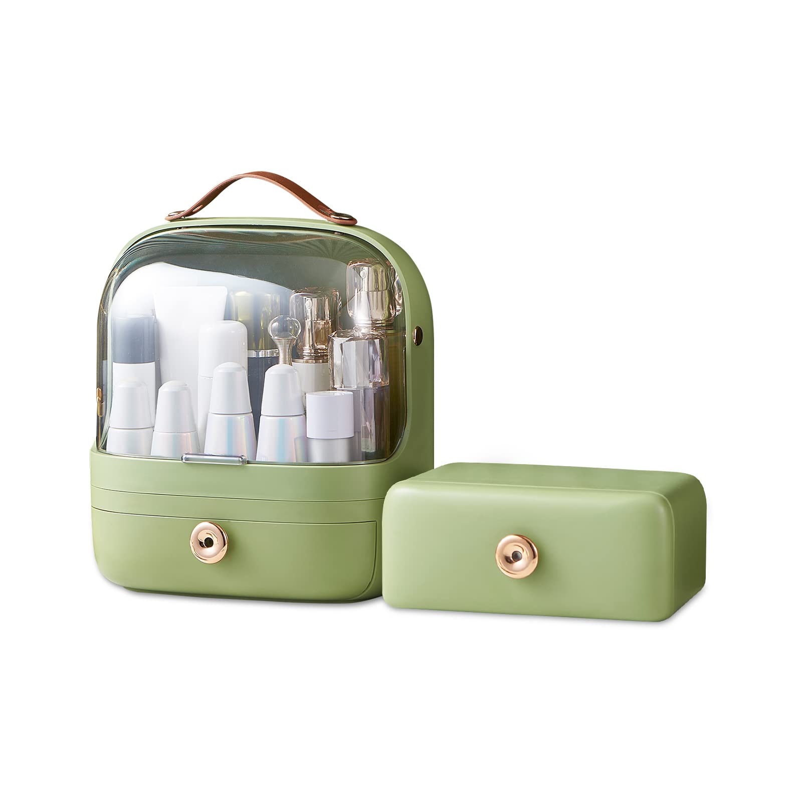Ergocar Dustproof Cosmetic Storage Box for Makeup & Jewelry - Green with Drawer, Perfect for Bedroom & Bathroom