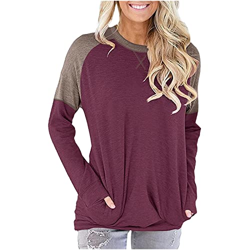 HTHJSCO Women's Casual Color Block Tunic Top with Pockets - O-Neck Long Sleeve Loose Blouse Patchwork Tee for Work, Office & Everyday Wear