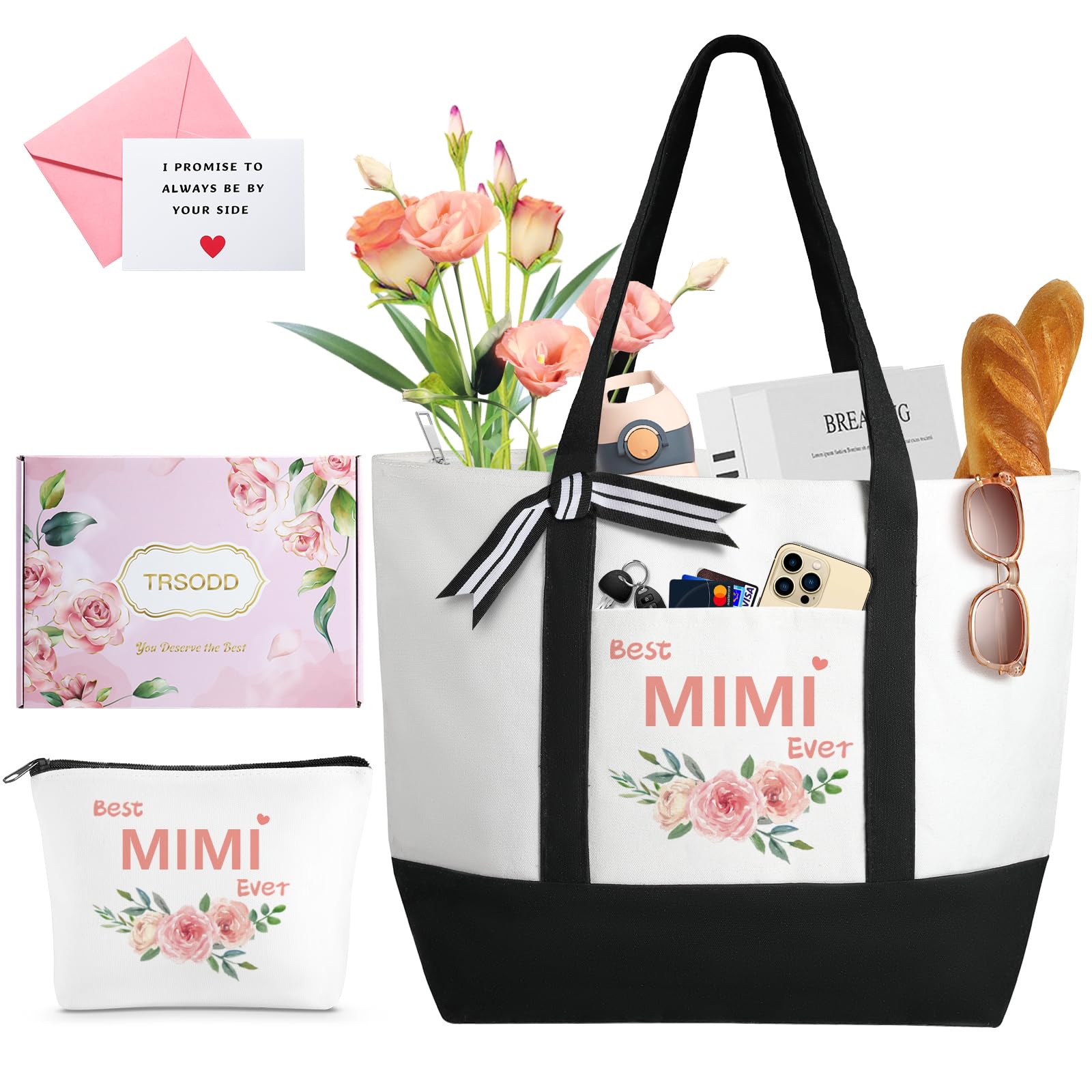 TRSODD Mimi Personalized Large Canvas Tote Bag & Makeup Bag Set - Best Mothers Day Gift & Birthday Gift for Women - Perfect for Travel, Shopping & Daily Use