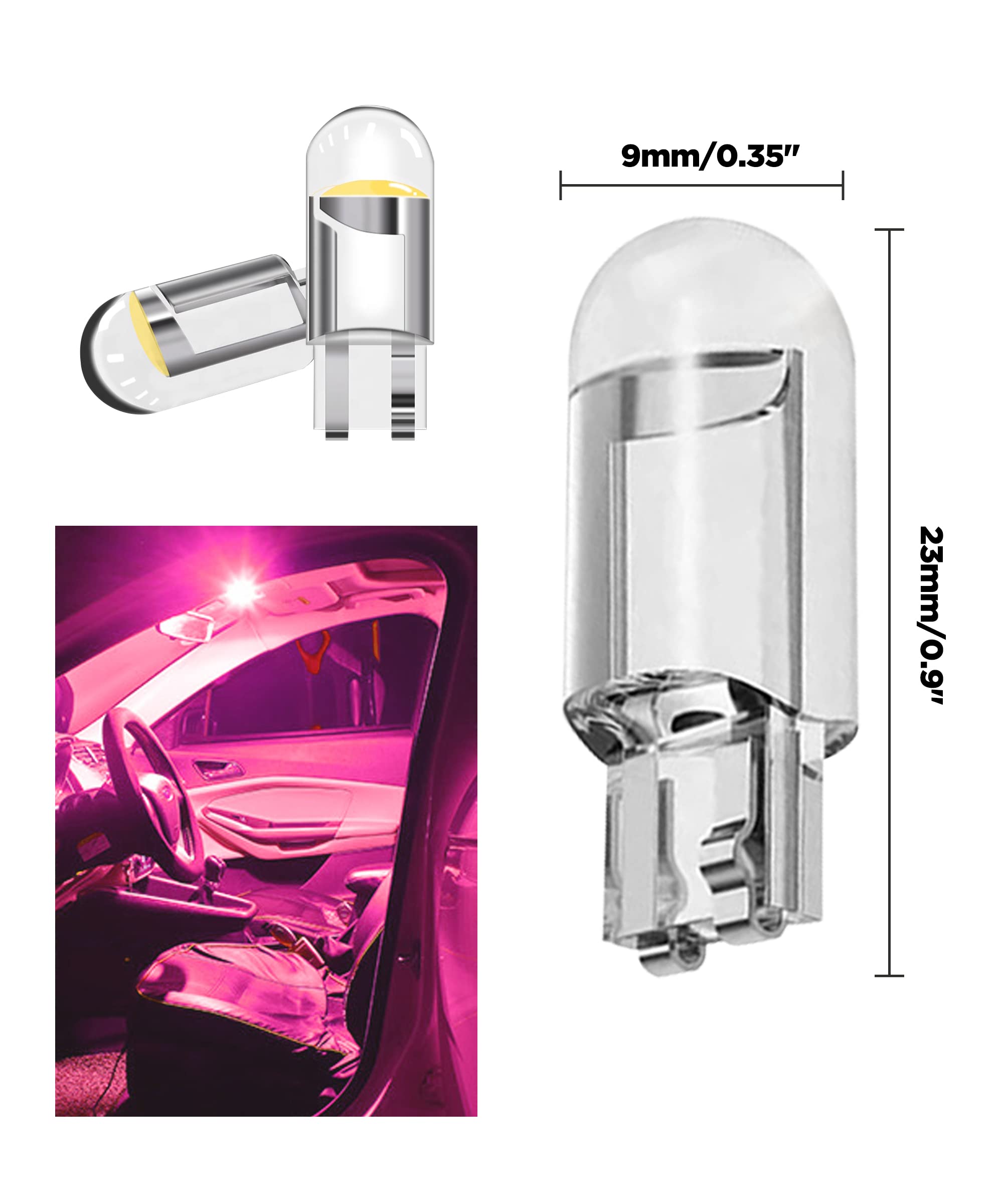 30PCS 12V 194 LED Light Bulbs - 6000K White COB LED Replacement Bulbs for Interior Car Lights, Reverse Lights, Day Running Lights (W5W T10 Wedge, Error Free, Pink) - Perfect for Dashboard, License Plate, Dome & Map Lights