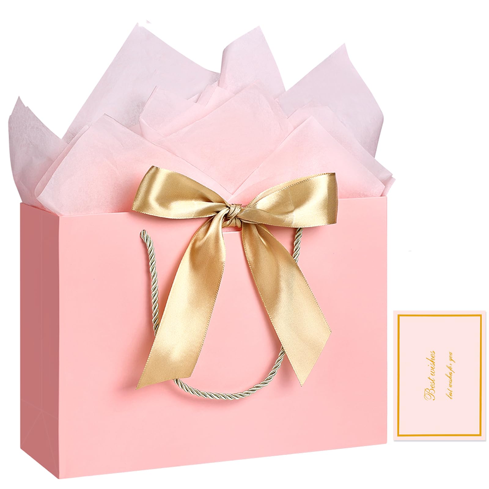 JMANNI Large Gift Bags with Ribbon - 1 Pack Includes 1 Paper Gift Bag with Handles, 1 Greeting Card & 2 Tissue Papers - Elegant Marble Pattern Present Bags for Birthday, Christmas, Wedding - Perfect for Party Favors, Bridal Showers & Corporate Gifting