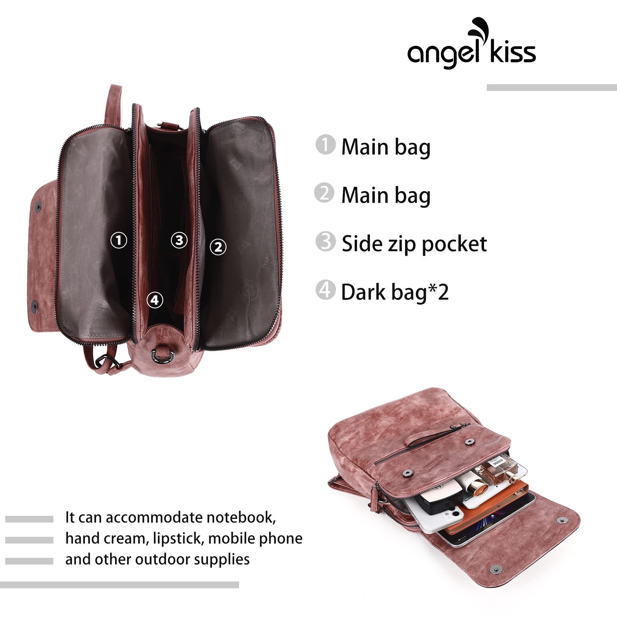Angel Kiss Women's Vegan Leather Backpack Purse - Stylish Magnetic Flap Shoulder Bag with Zipper for Casual Outings, Travel & Daily Use