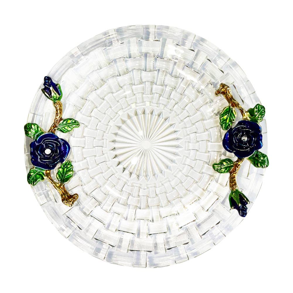 Blue Rose Floral Glass Tea Saucers - Small Round Dessert Plates for Tea Party, Afternoon Tea, Wedding, and Home Decor