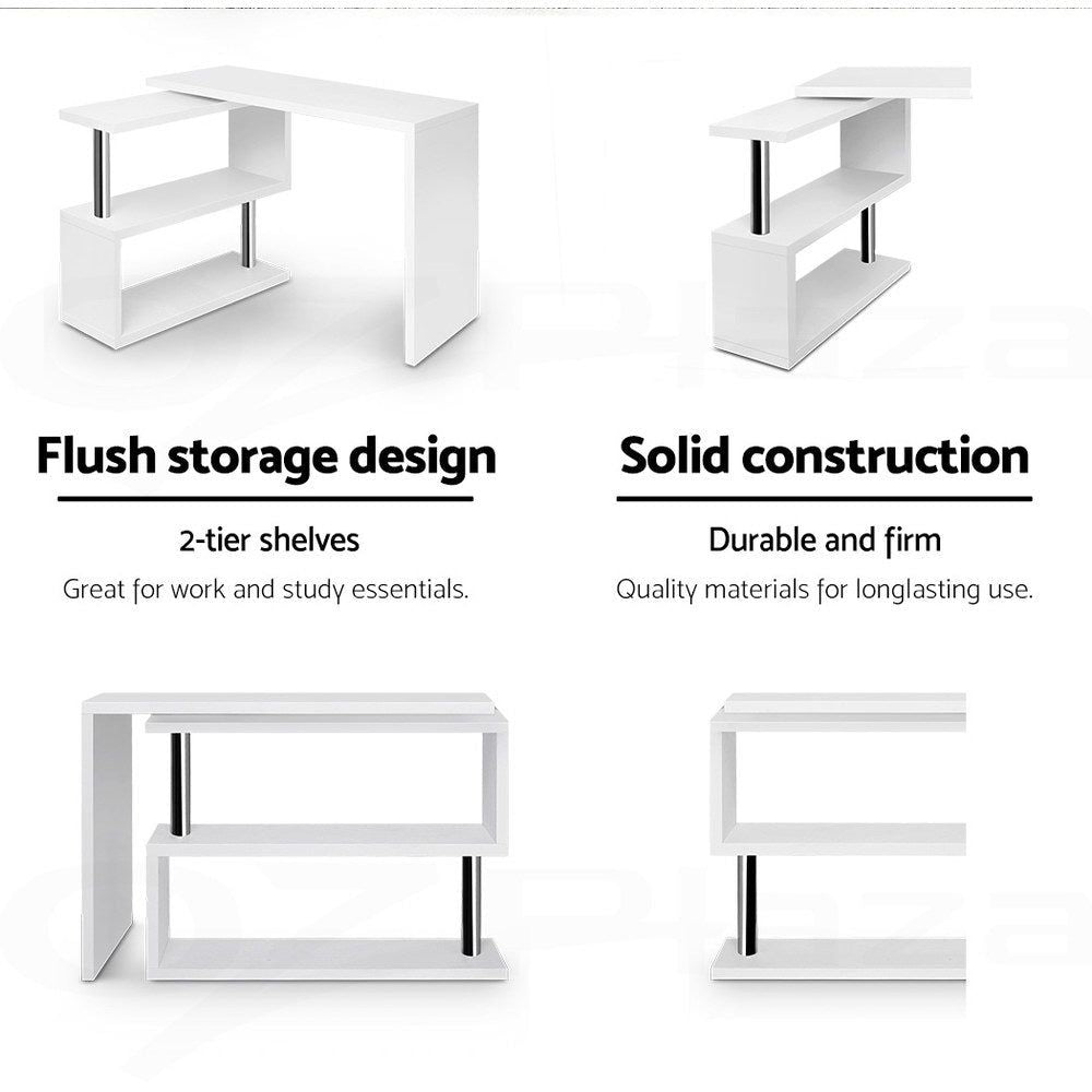 Modern White Rotary Corner Desk with Bookshelf - Space-Saving Home Office Furniture for Small Rooms & Apartments