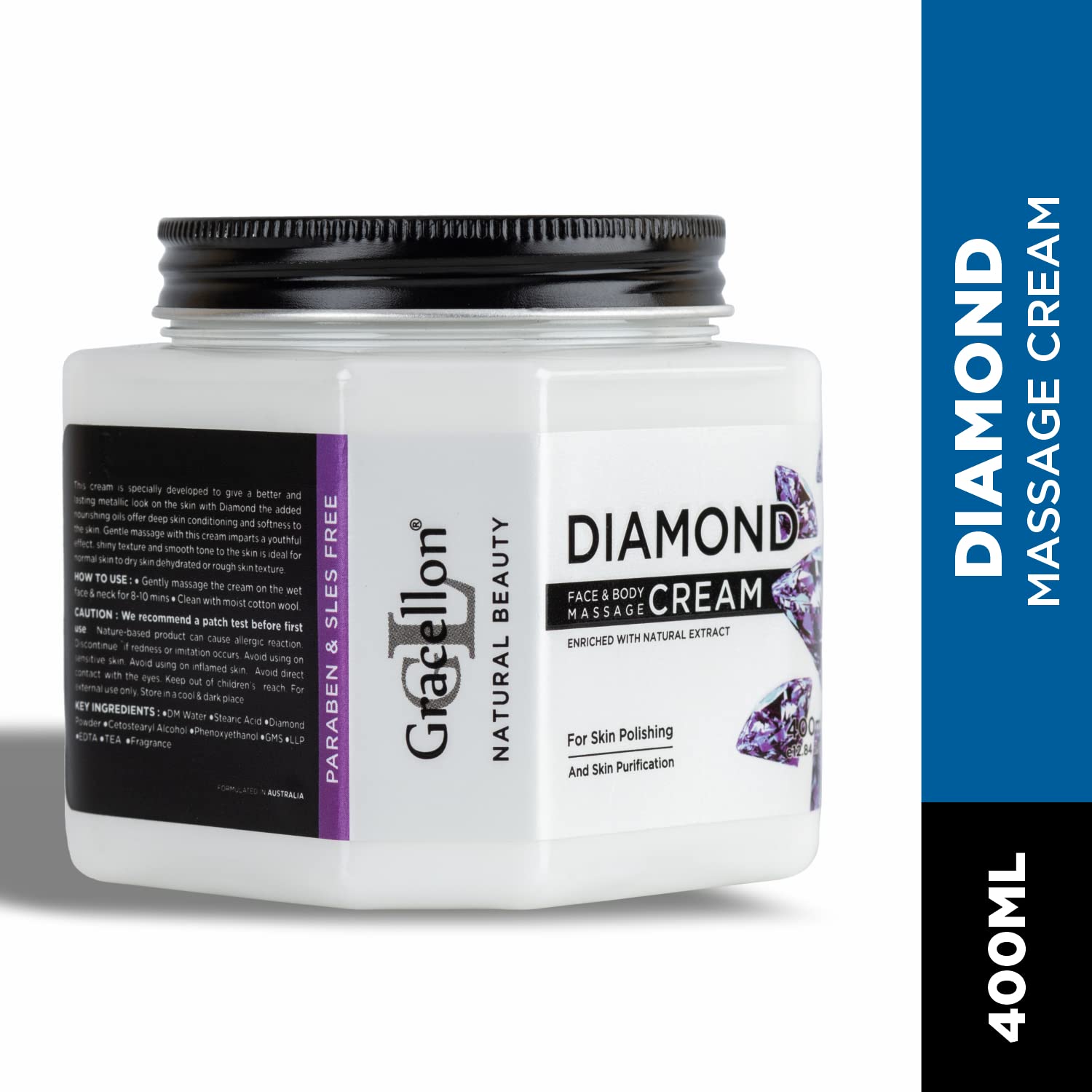 Gracellon Diamond Face & Body Massage Cream - Skin Brightening & Purifying Treatment for Glowing Complexion | Paraben & SLES Free | Perfect for Spa, Home Skincare & Relaxation Therapy