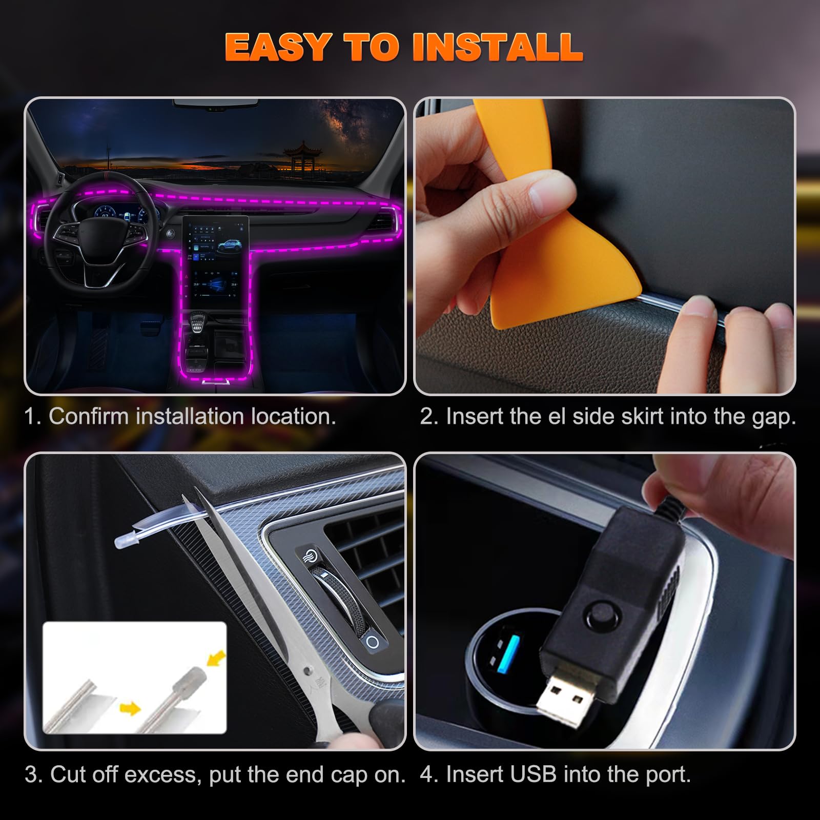 EL Wire Car LED Lights - 16.5FT USB Interior Car Ambient Lighting Strip with Switch & 8 Flashing Modes - Blue Under Dash Neon Glow Lights for Car Interior Decoration (Perfect for Night Driving, Car Shows & Vehicle Customization)