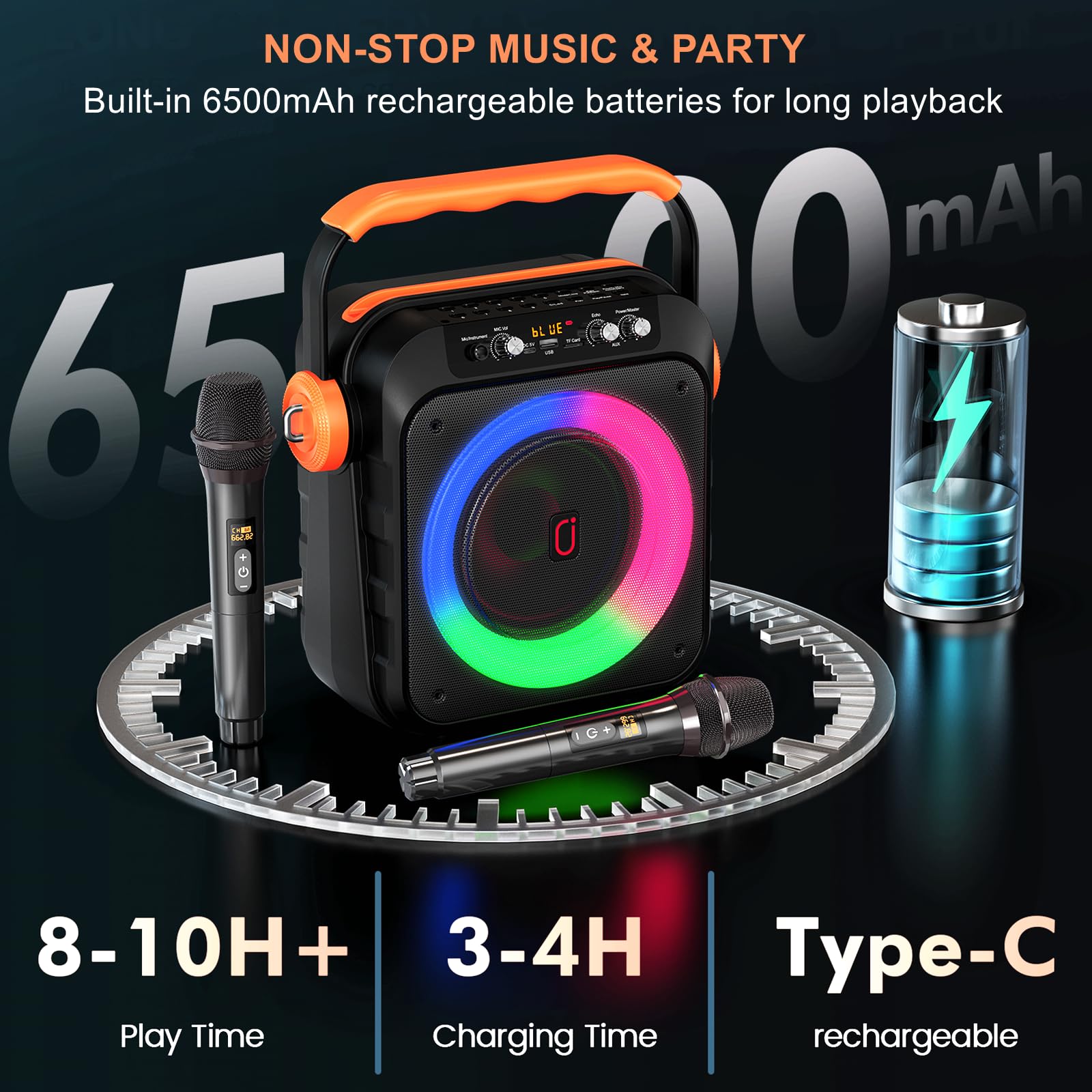 Portable Bluetooth Karaoke Machine with 2 Wireless Microphones, 6.8