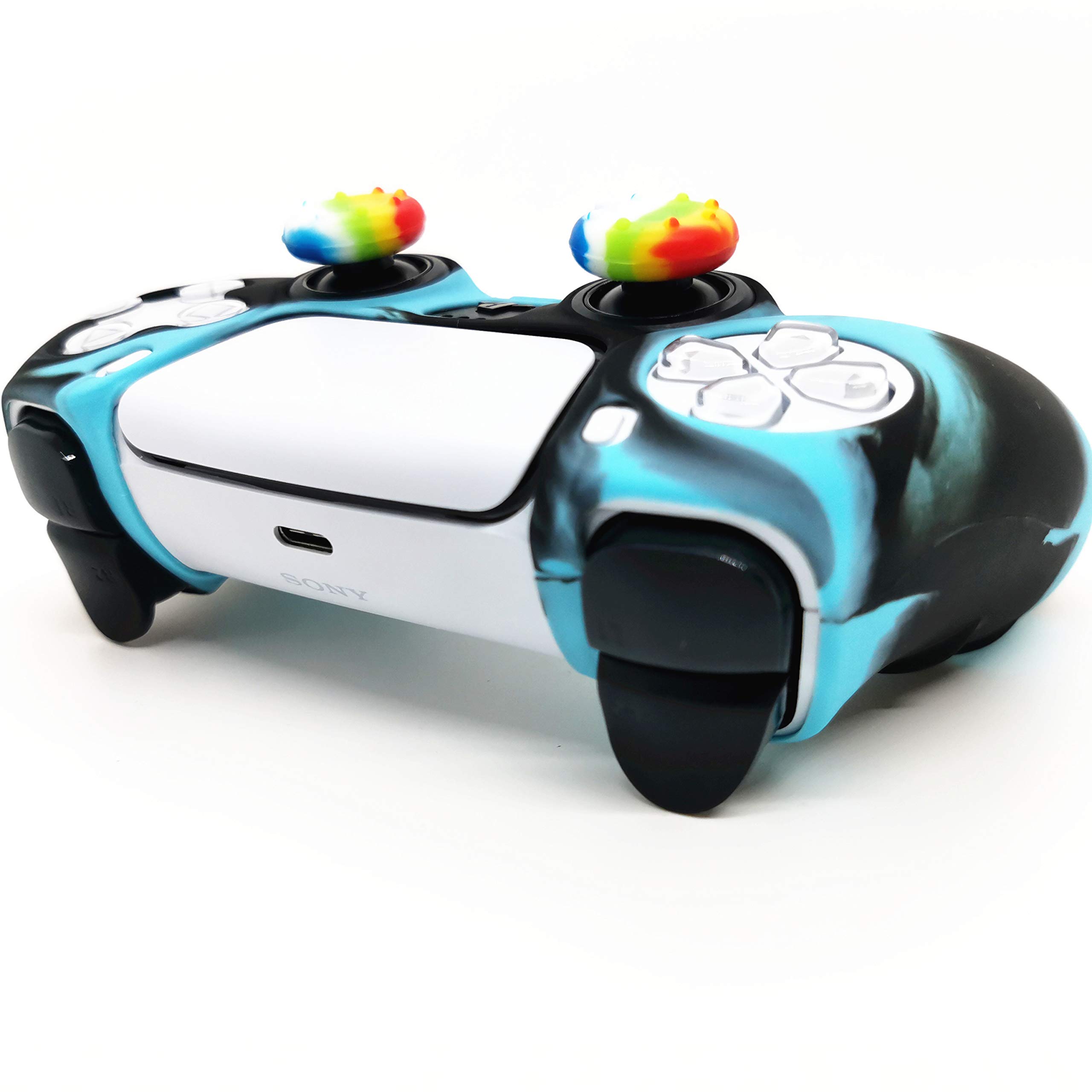 Premium Silicone PS5 Controller Cover - Anti-Slip Grip Skin for PlayStation 5 with 10pcs Thumbstick Caps (Sky Blue & Black) - Perfect for Gaming, Protection & Enhanced Comfort