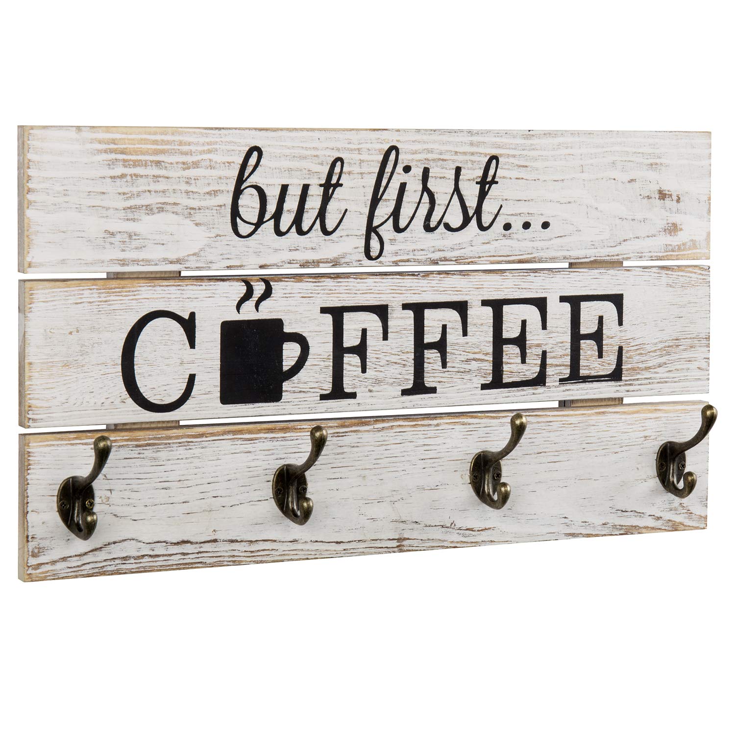 MyGift 8-Hook Wall Mounted Mug Rack - Whitewashed Solid Wood Coffee Bar Organizer with 