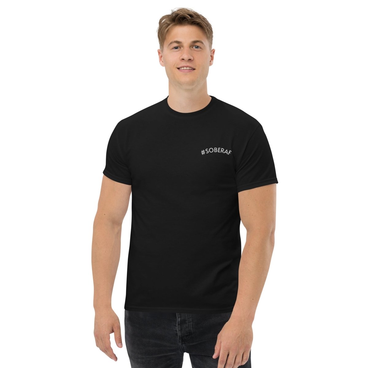 SoberAF Embroidered Statement T-Shirt for Men - Funny Sobriety Tee - Perfect for Recovery Meetings, AA Events & Sober Lifestyle