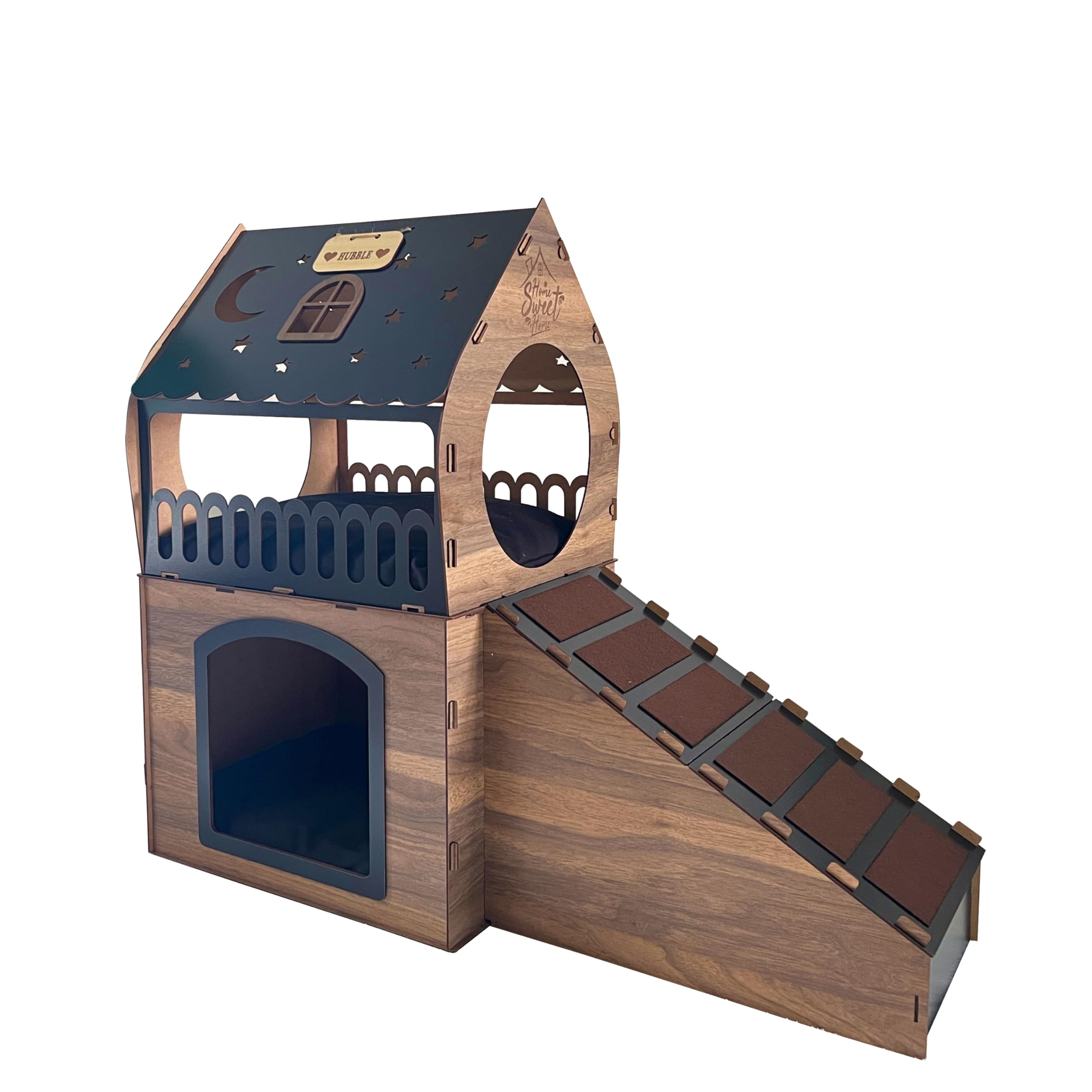 Premium Wooden Rabbit House - Modern Rabbit Castle for 2 Rabbits, Guinea Pigs & Chinchillas | Extra Large Pet Bed & Furniture for Small Animals (Dark Walnut-Black) - Perfect for Indoor Cages, Bunny Play Areas & Cozy Pet Napping Spots