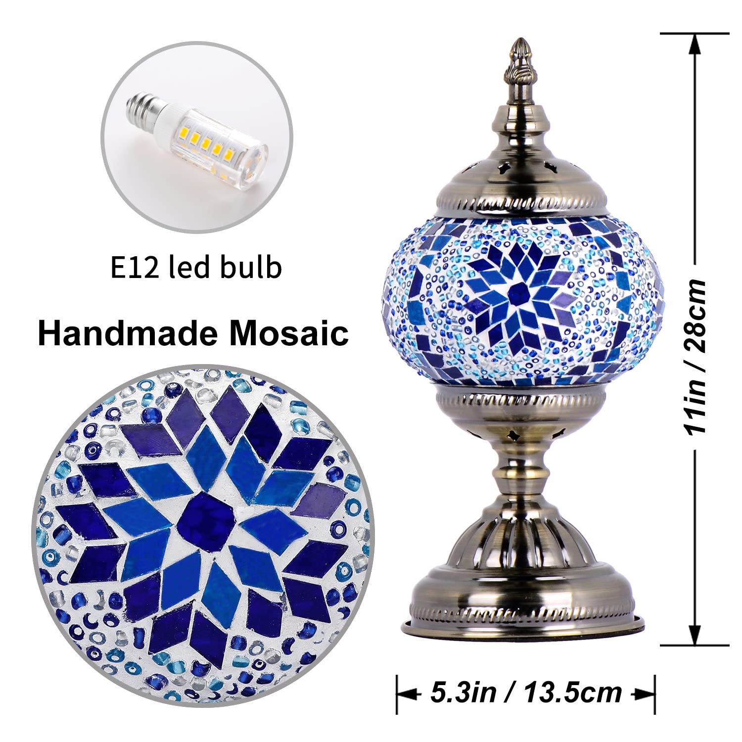 Handmade Mosaic Table Lamp - Turkish Moroccan Bohemian Style Night Light for Bedroom, Living Room, Office | Blue Glass Tiffany Lamp for Home Decor & Romantic Ambiance