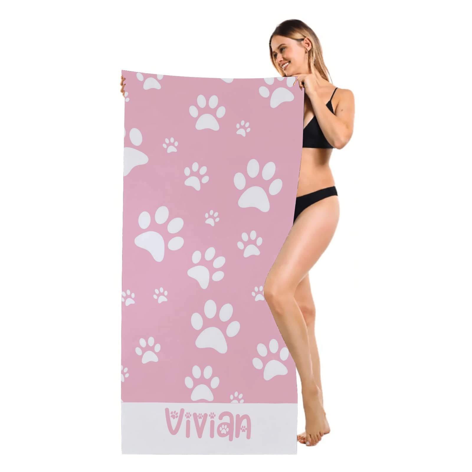 Custom Personalized Pink Dog Paw Print Beach Towels with Name - Super Absorbent 30x60 Inch Bath Towel for Adults & Kids - Perfect for Beach, Pool, Spa, and Birthday Gifts