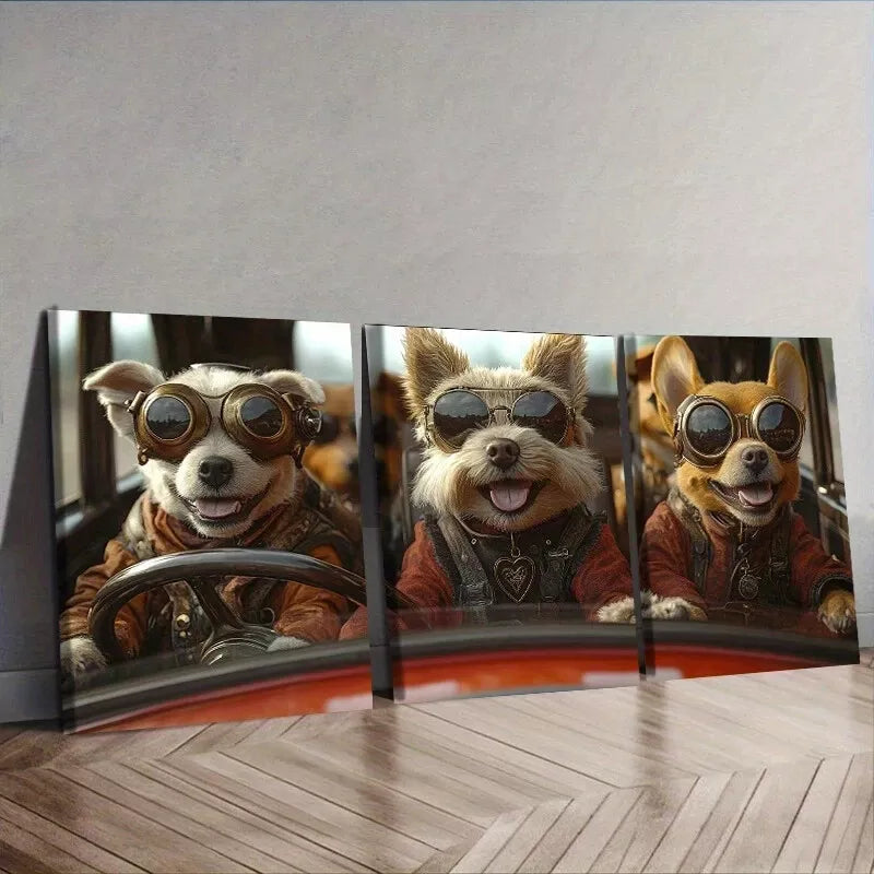 3-Piece Dogs Driving a Car with Sunglasses Wall Art Set - 40x60cm Framed Canvas Prints | High Quality Australian Made Home Decor | Perfect for Living Room, Bedroom & Office Decor