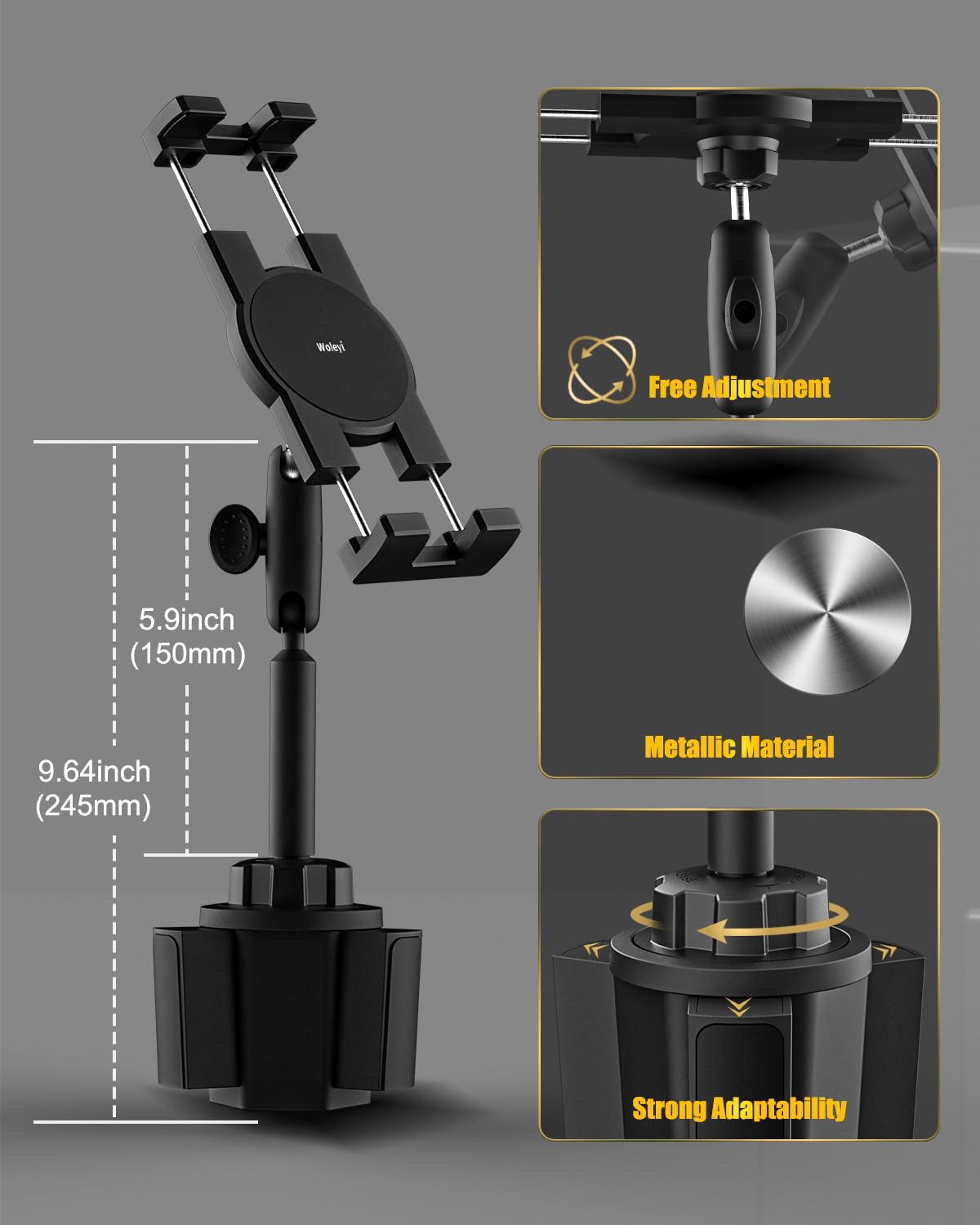 Car Cup Tablet Holder - Adjustable Metal Mount for iPad, Galaxy, Kindle (4-13