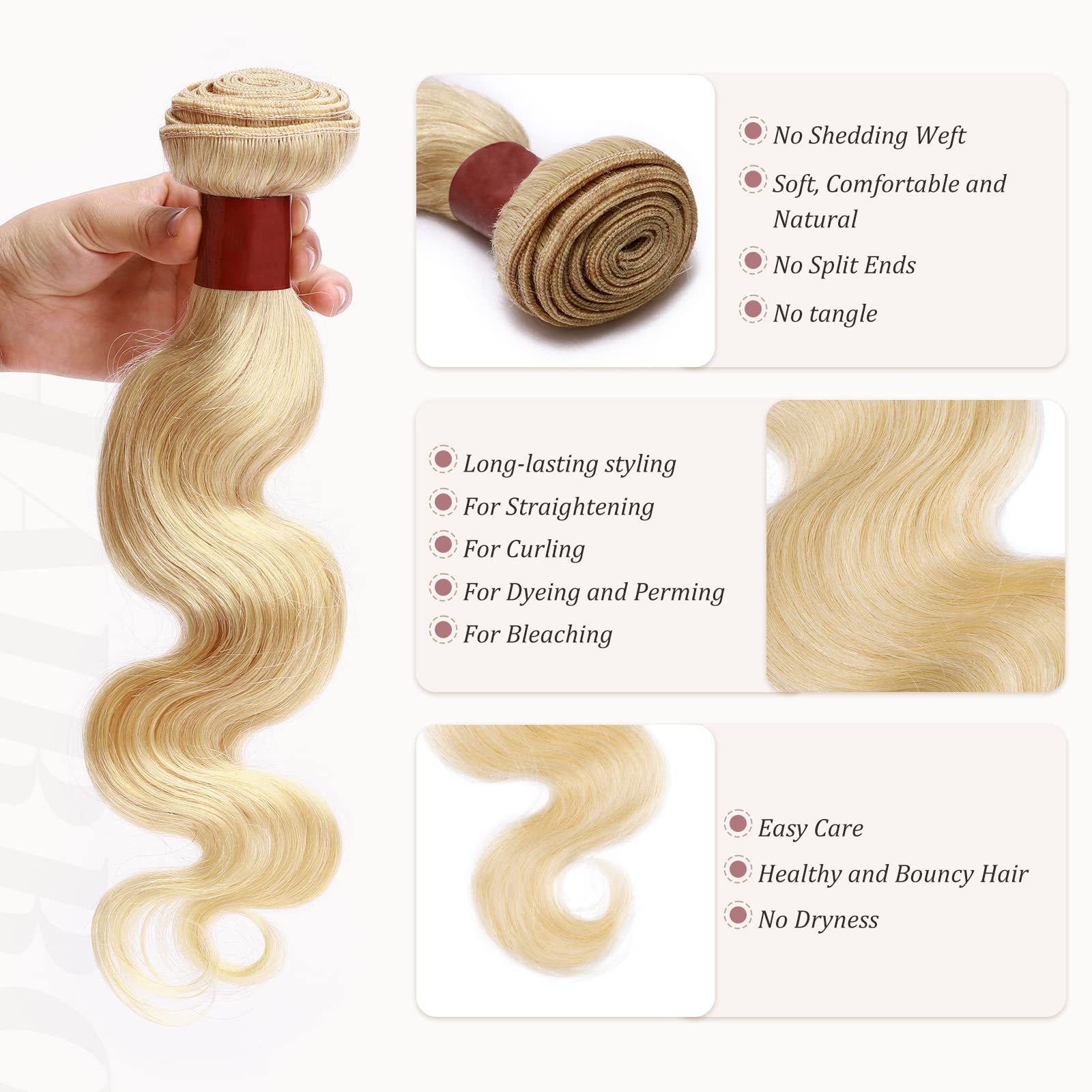 24 Inch Grade 7A #613 Bleach Blonde Brazilian Virgin Human Hair Extensions - 100g Unprocessed Body Wave Weave for Women | Sew-in Hair Extensions for Wavy & Curly Hairstyles | Perfect for Daily Wear, Parties & Special Occasions