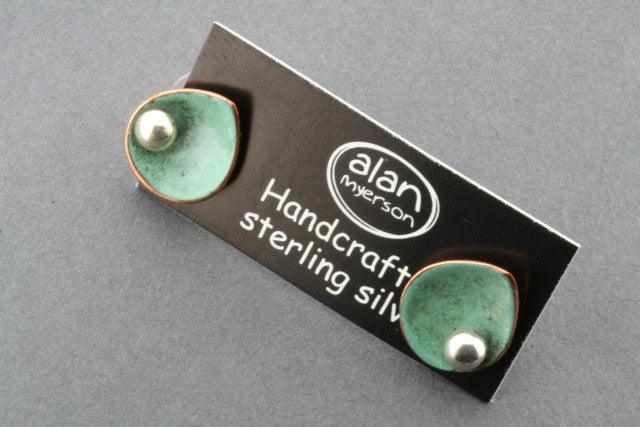 Handmade Copper Patina Teardrop Disc Earrings with Silver Ball Studs - Boho Chic Jewelry for Women, Perfect for Parties & Date Nights