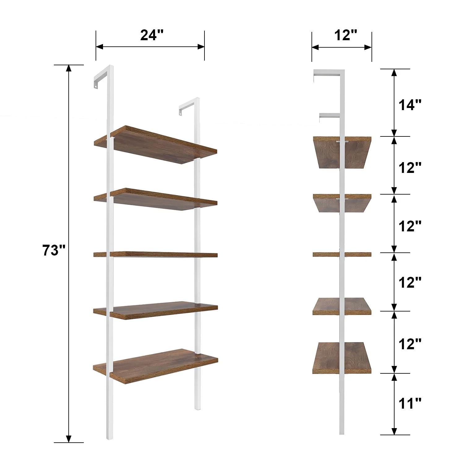5-Tier Metal Ladder Shelf - White Wooden Wall Mounted Bookshelf & Open Display Organizer for Living Room, Office, Hallway Storage | Perfect for Home Decor, Book Display & Space-Saving Storage Solutions