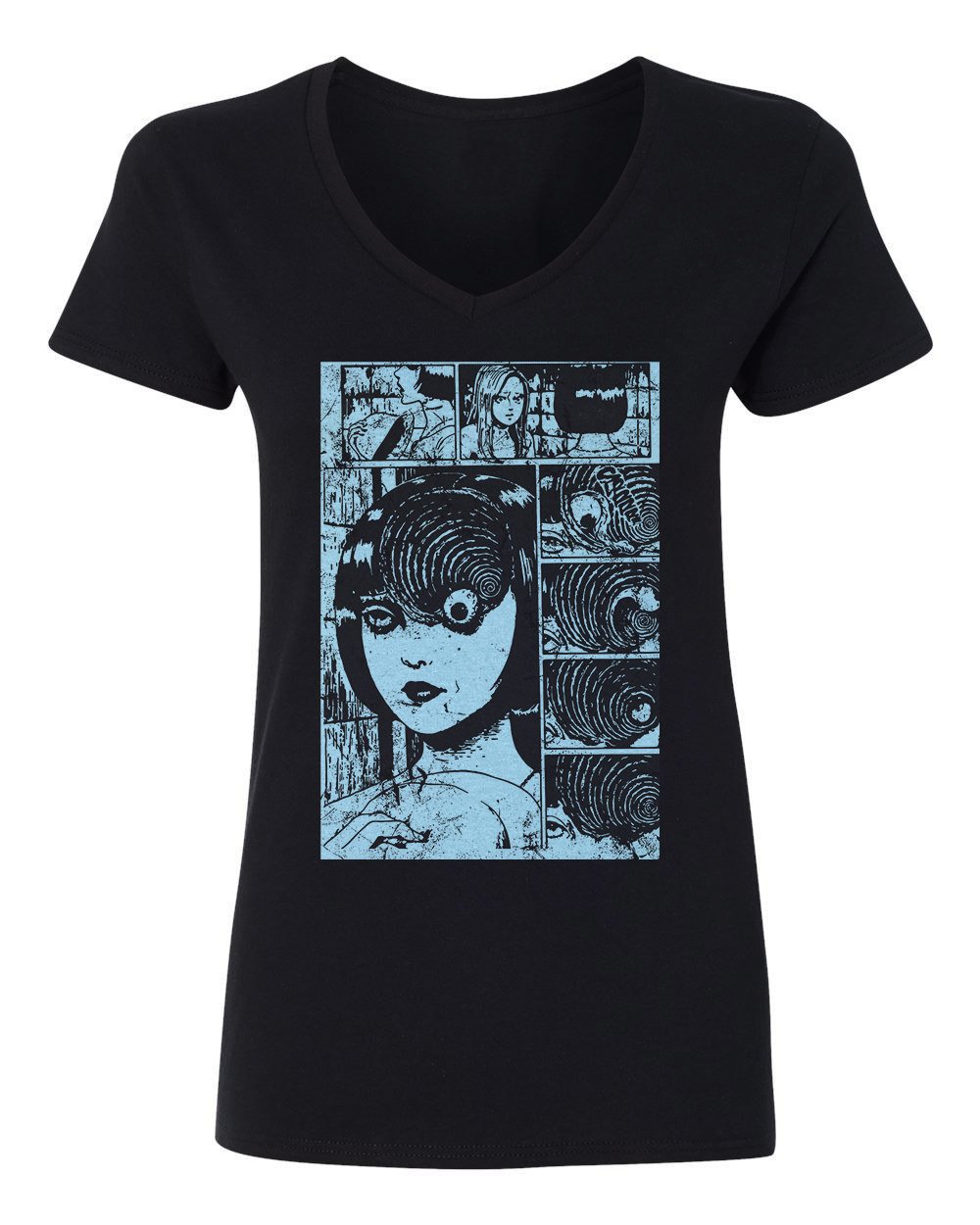 RIVEBELLA Women's V-Neck T-Shirt - Uzuma Junji Manga Series Novelty Graphic Tee | Anime Fashion for Casual Wear, Cosplay & Otaku Outfits