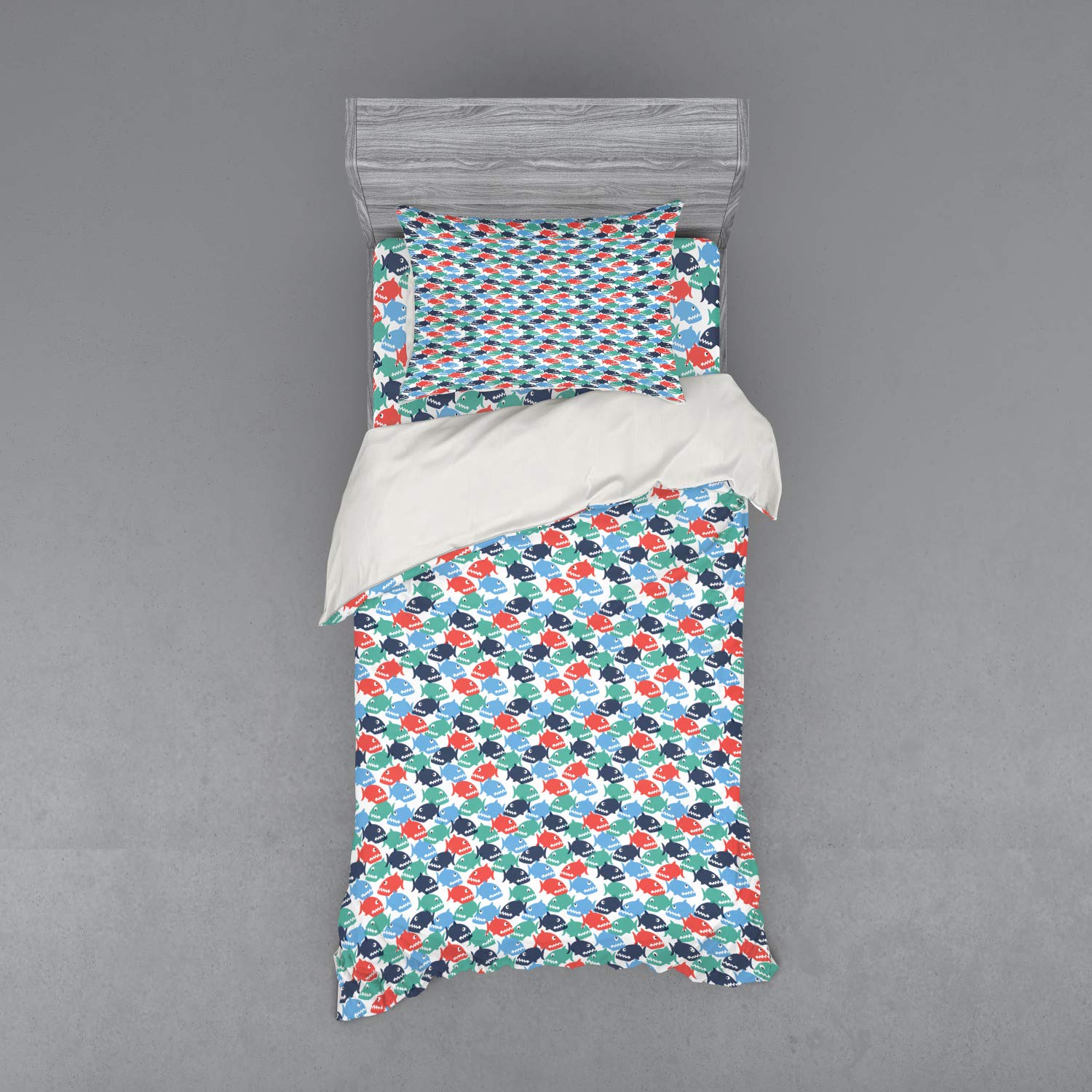 Ambesonne 3-Piece Fish Duvet Cover Set - Colorful Cartoon Piranha Pattern, Twin Size, Dark Sky Blue & Salmon - Soft Bedding with Fitted Sheet & Pillow Sham for Kids' Room, Guest Bed, or Themed Decor