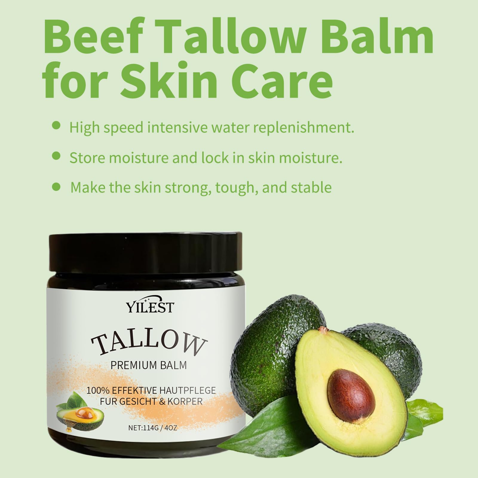 Organic Beef Tallow Balm for Dry & Sensitive Skin - Natural Face & Body Moisturizer with Avocado Oil - Deep Hydration for Cracked Skin - Fast Absorbing Lotion for Eczema & Psoriasis Relief (4oz) - Perfect for Nighttime Skincare & Winter Dry Skin Care Routine