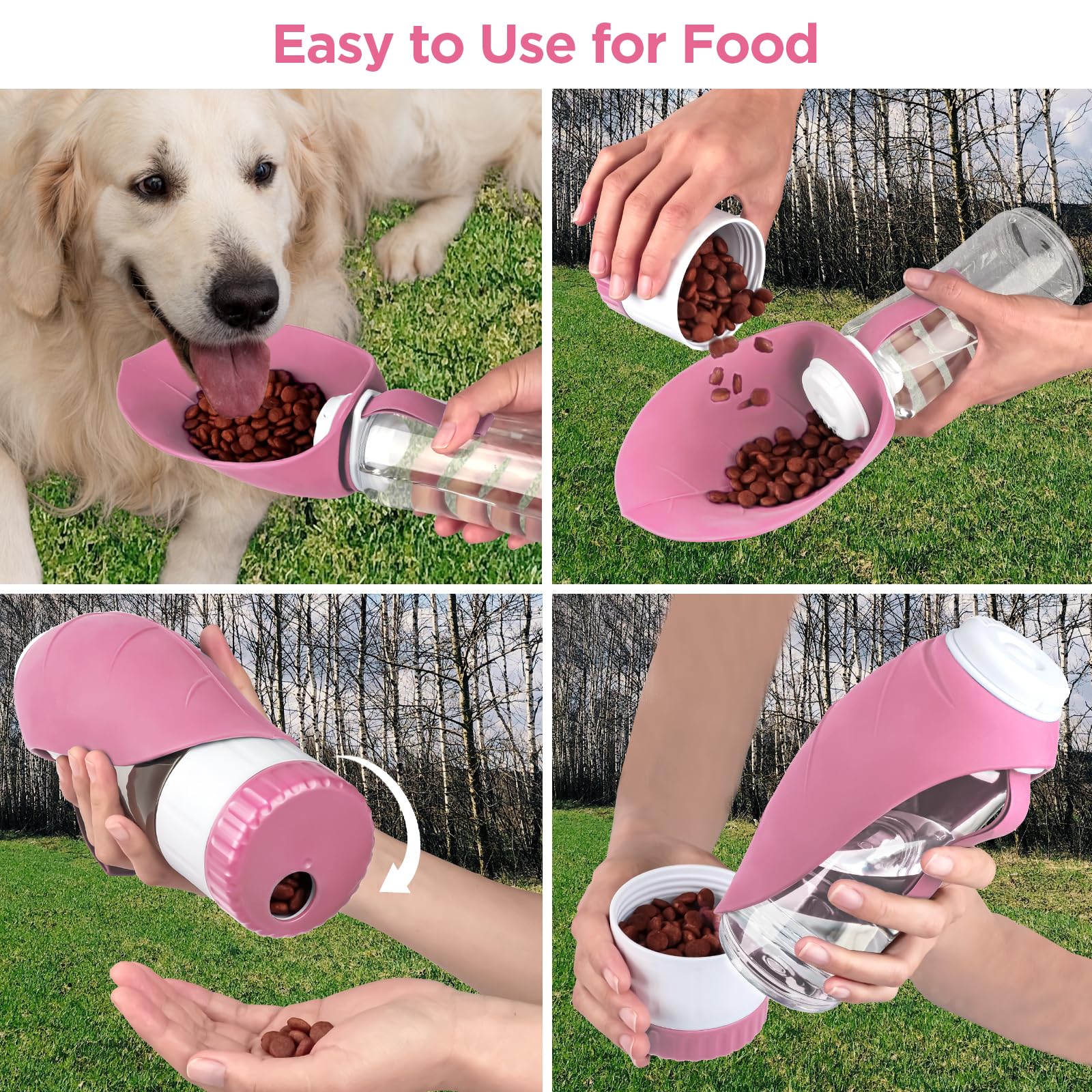 Portable Dog Water Bottle with Food Container - Leakproof BPA-Free Foldable Pet Water Dispenser & Drinking Feeder for Outdoor Walking, Hiking, Travel - Perfect for Dogs, Puppies & Pets on the Go (Large, Pink)