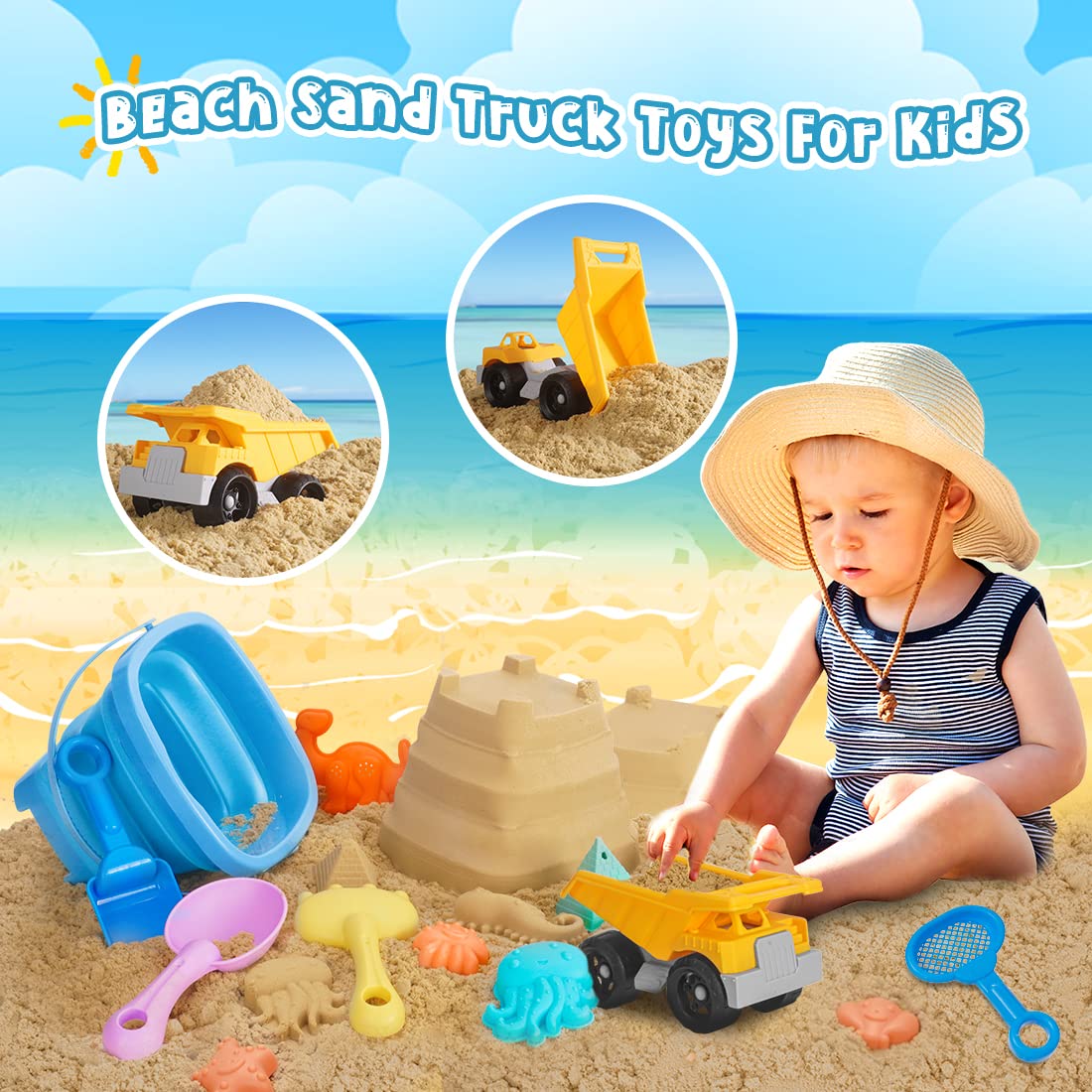 23Pcs Beach Sand Toys Set with Dump Truck, Collapsible Bucket, Shovel & Castle Molds - Outdoor Sandbox Play Kit for Kids with Dinosaur & Animal Shapes, Includes Mesh Storage Bag - Perfect for Beach Vacations, Backyard Sandpits & Summer Outdoor Activities