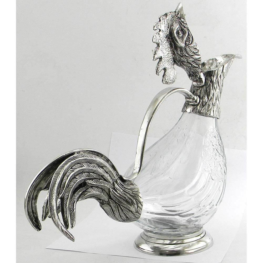 Hand-Blown Glass & Pewter Rooster-Shaped Pitcher - Elegant Decorative Pitcher for Home Bar, Kitchen, or Gift - Perfect for Serving Wine, Cocktails, or Displaying as Rustic Farmhouse Decor