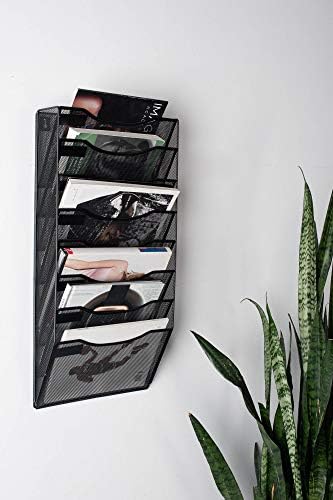 Wall Mounted Metal Mesh File Organizer - 8-Section Hanging Document & Magazine Holder with Hooks - Multipurpose Office & Home Storage Rack for Files, Magazines, Mail, and Office Supplies