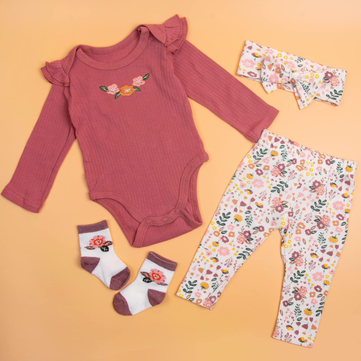 Reborn Baby Doll Clothes 4-Piece Set with Headband, Romper, Pants & Socks - Fits 20-22 Inch Realistic Baby Dolls - Perfect for Collectors, Photography & Nursery Display