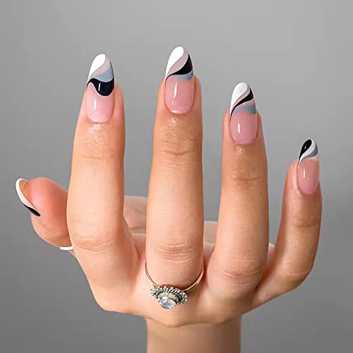 Ezpieces French Tip Press on Nails Short - Almond Shaped Fake Nails with Glue Kit, 24PCS Acrylic Nail Set for Women | Easy Application, Long Lasting | Perfect for Daily Wear, Parties & Special Occasions